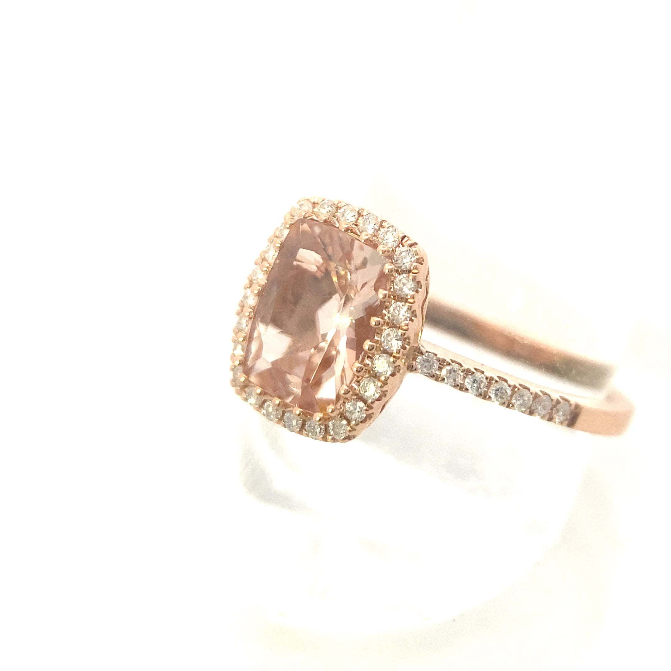 14K Rose Gold 1-3/4CT. Radiant-Cut Morganite & 1/4CT. Diamond Halo Engagement Ring