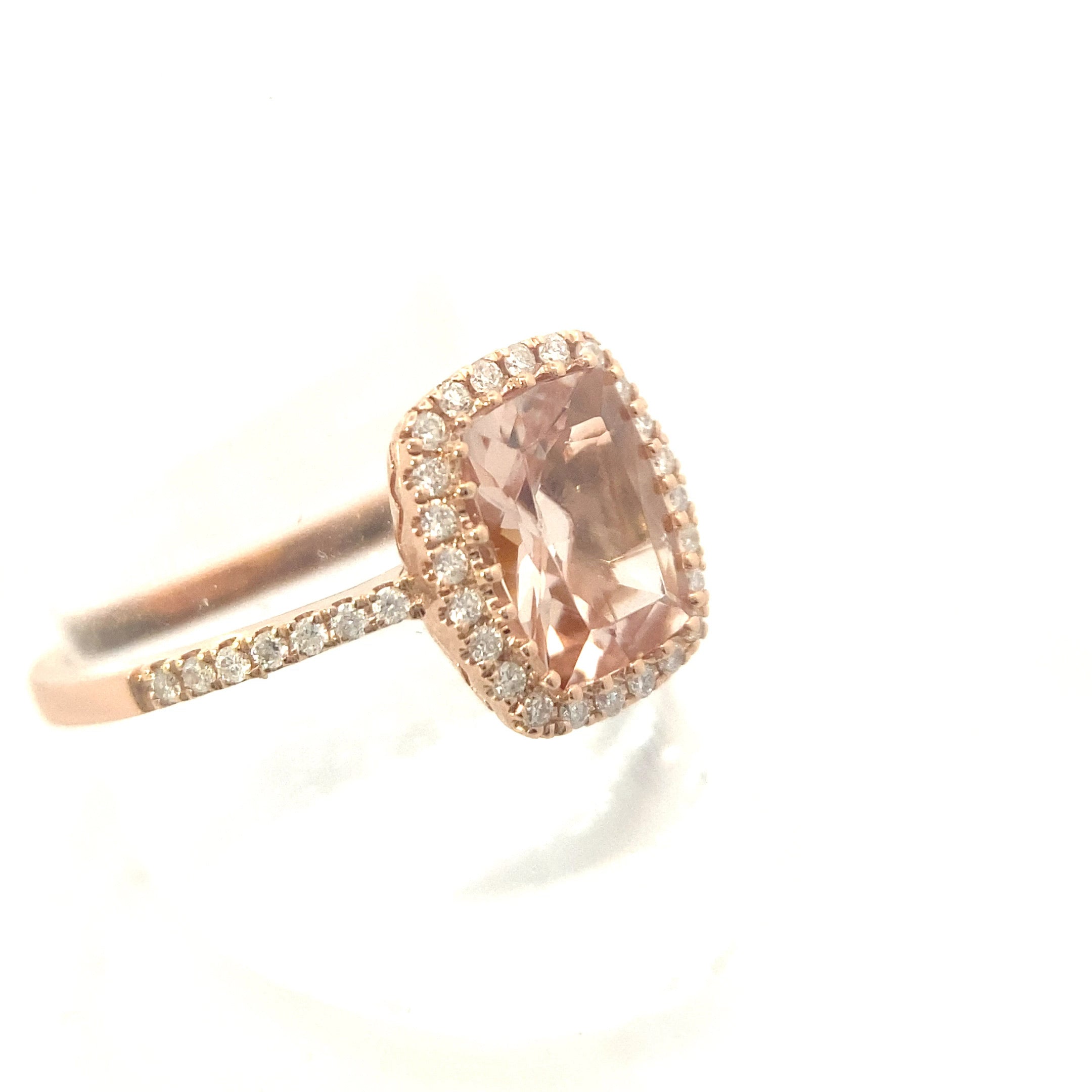 14K Rose Gold 1-3/4CT. Radiant-Cut Morganite & 1/4CT. Diamond Halo Engagement Ring