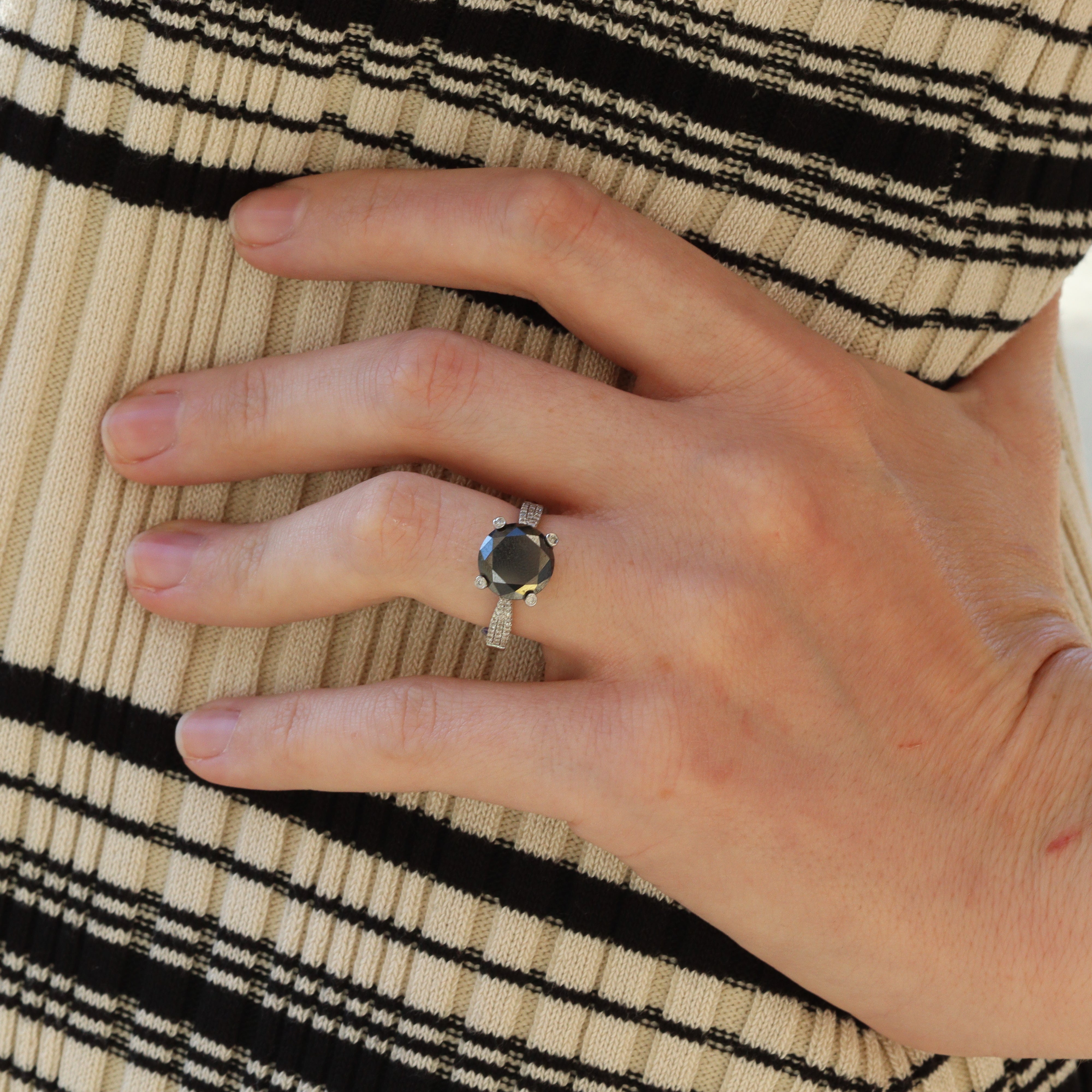 Estate Collection: 10K White Gold Round 4CT. Black Diamond and 0.3CTW. White Diamond Accented Solitaire Ring