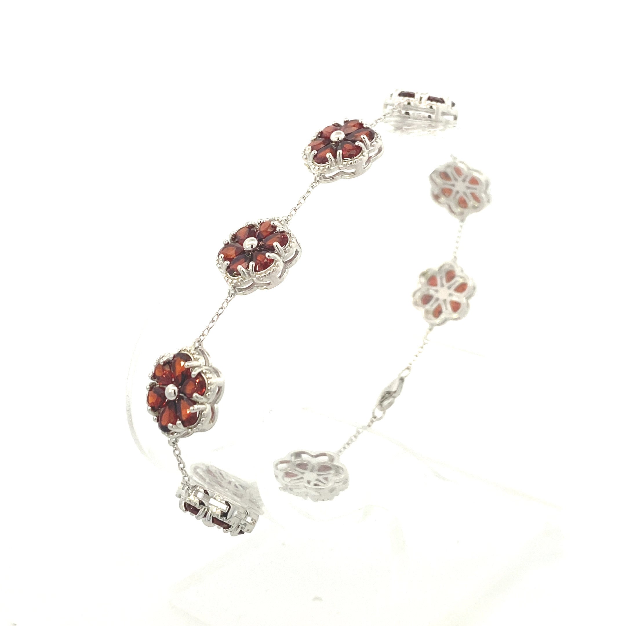 Sterling Silver 8-1/6CT. Pear-Cut Garnet Flower Station Bracelet