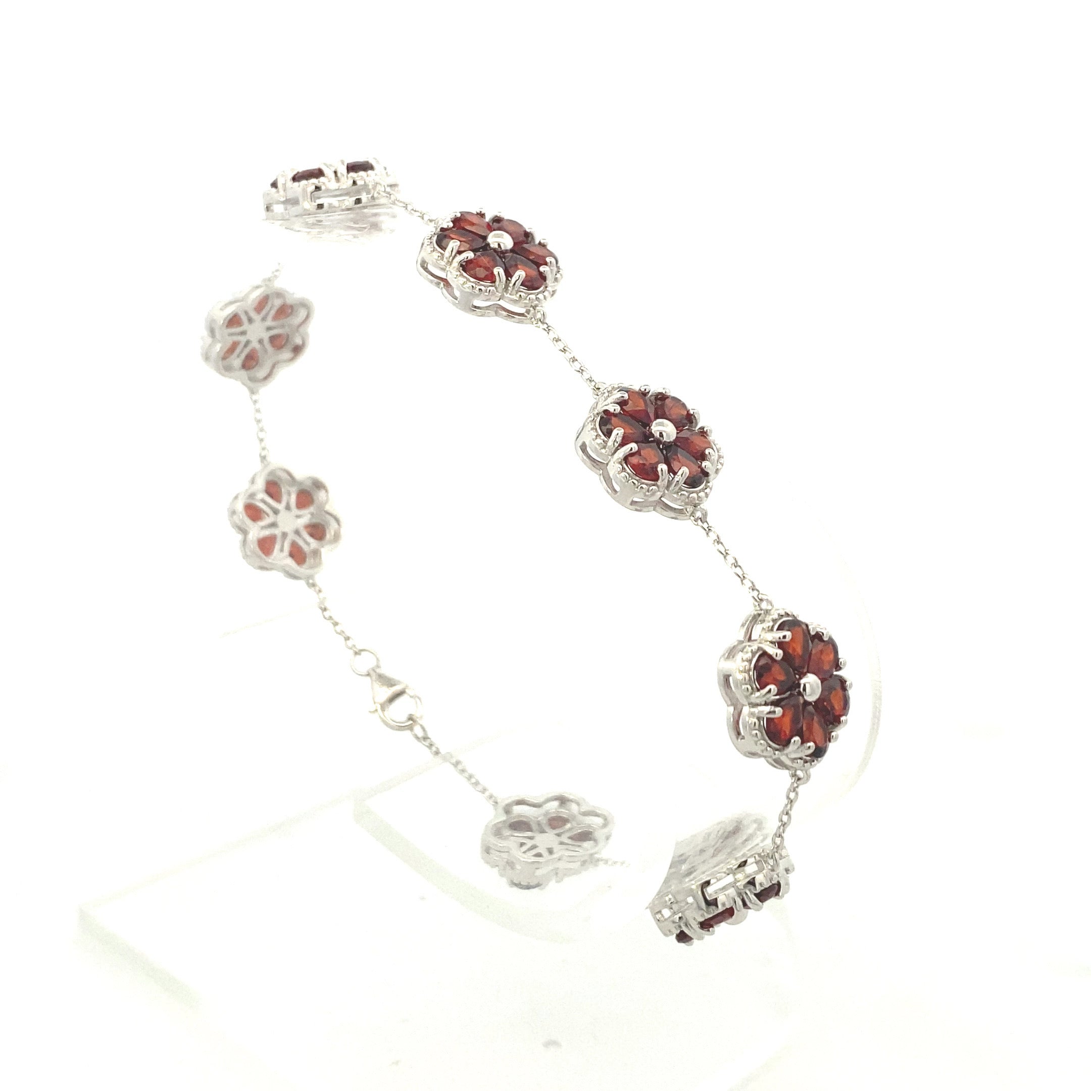 Sterling Silver 8-1/6CT. Pear-Cut Garnet Flower Station Bracelet