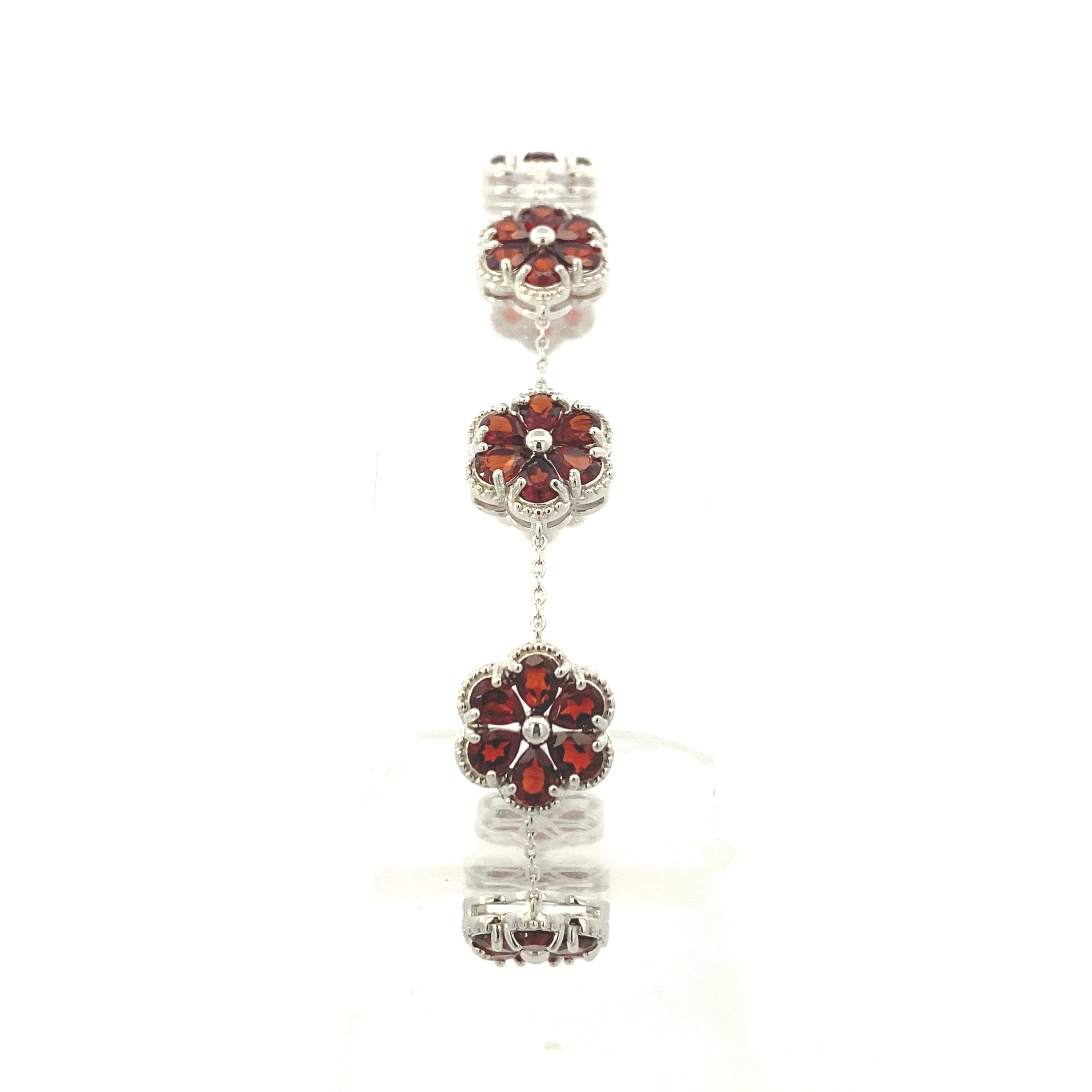 Sterling Silver 8-1/6CT. Pear-Cut Garnet Flower Station Bracelet