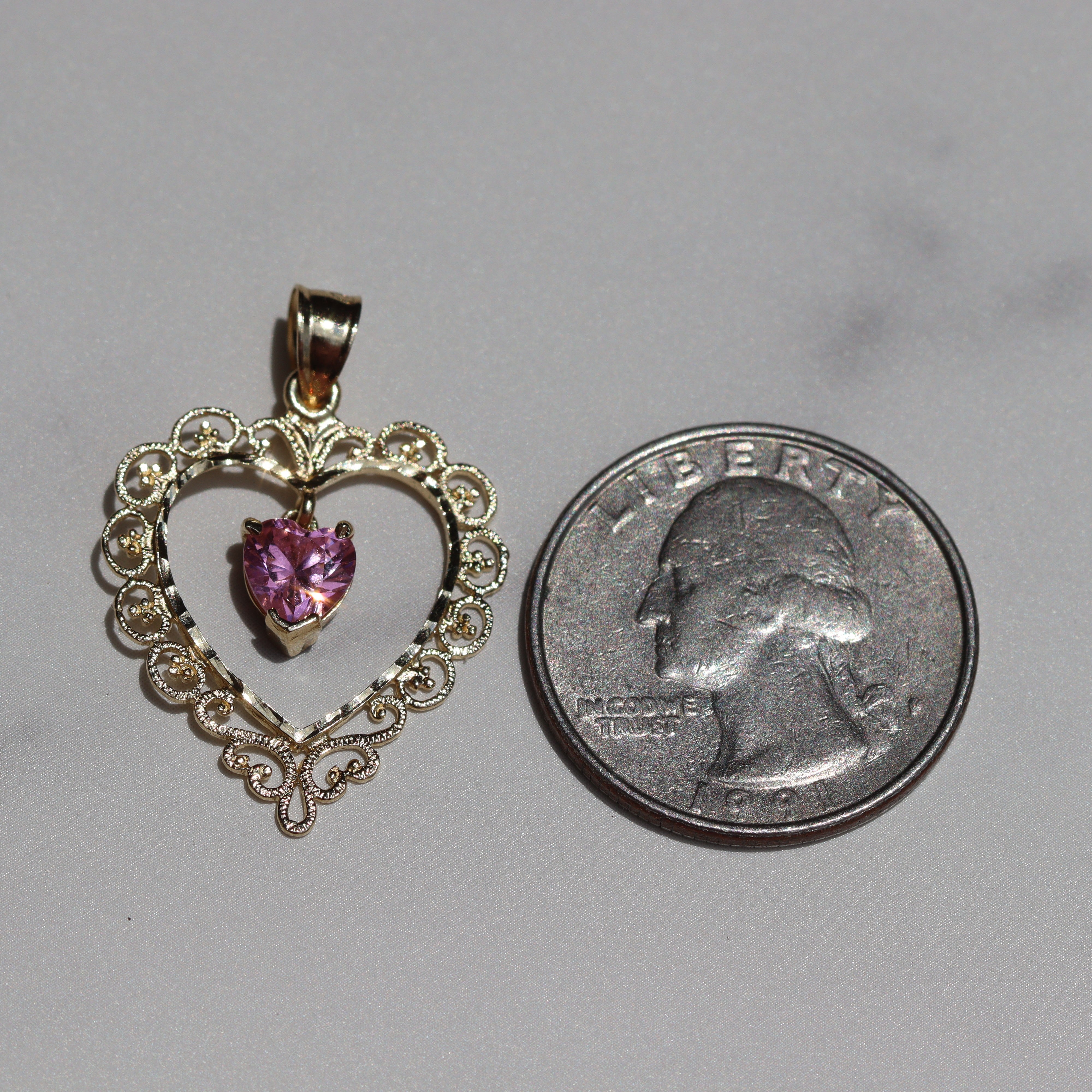 Estate Collection: 14K Yellow Gold Pink Ice Filagree Heart Pendant (without chain)