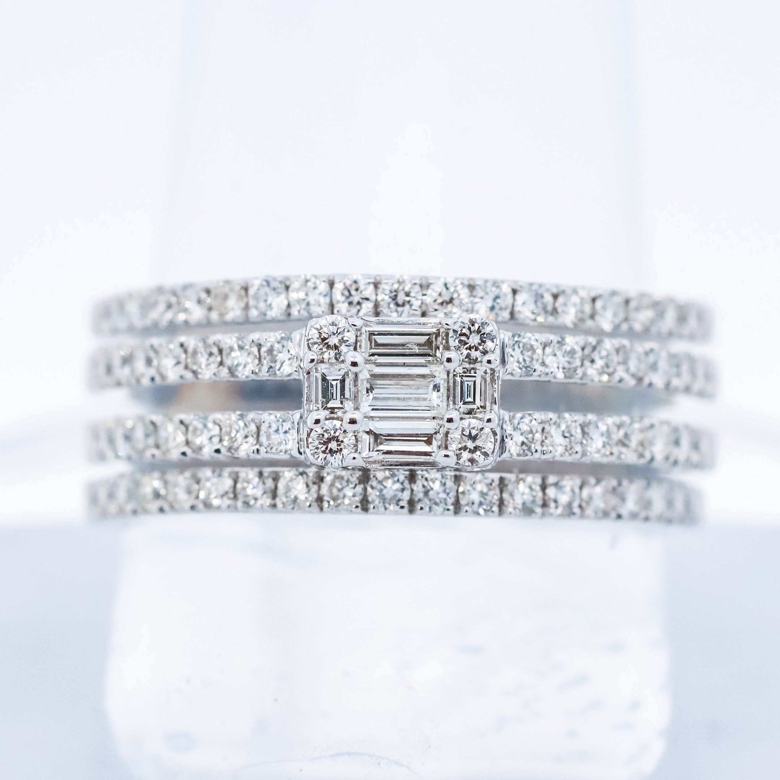 14K White Gold 4-Row Baguette and Round 1CT. Diamond Ring