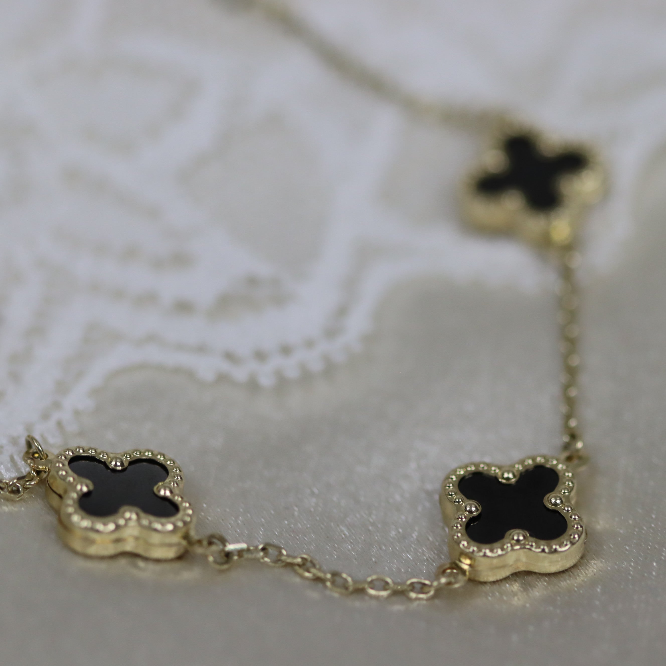 14K Yellow Gold Black ONYX "Alhambra" Clover-Inspired 7" Station Bracelet
