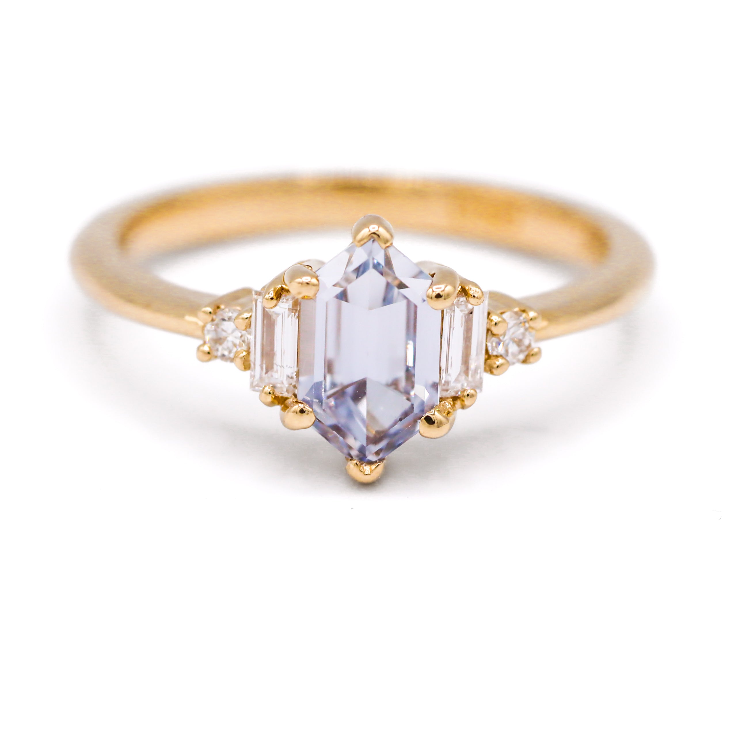 Certified 14K Yellow Gold 1-1/6CT. Elongated Hexagon-Cut Dynamic White Sapphire & Lab-Grown Diamond Accented Engagement Ring