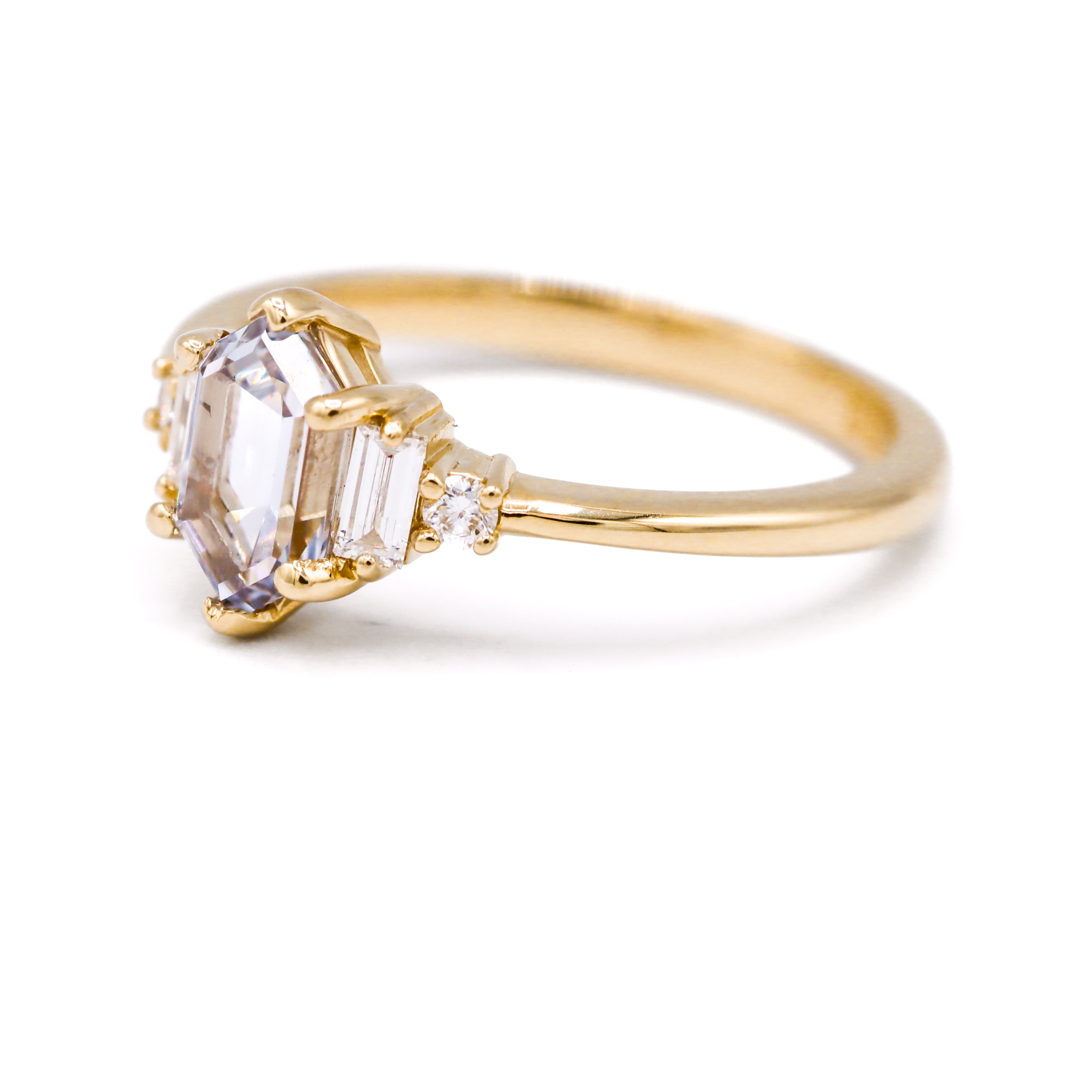 14K Yellow Gold 1-1/6CT. Elongated Hexagon-Cut Dynamic White Sapphire & Lab-Grown Diamond Accented Engagement Ring