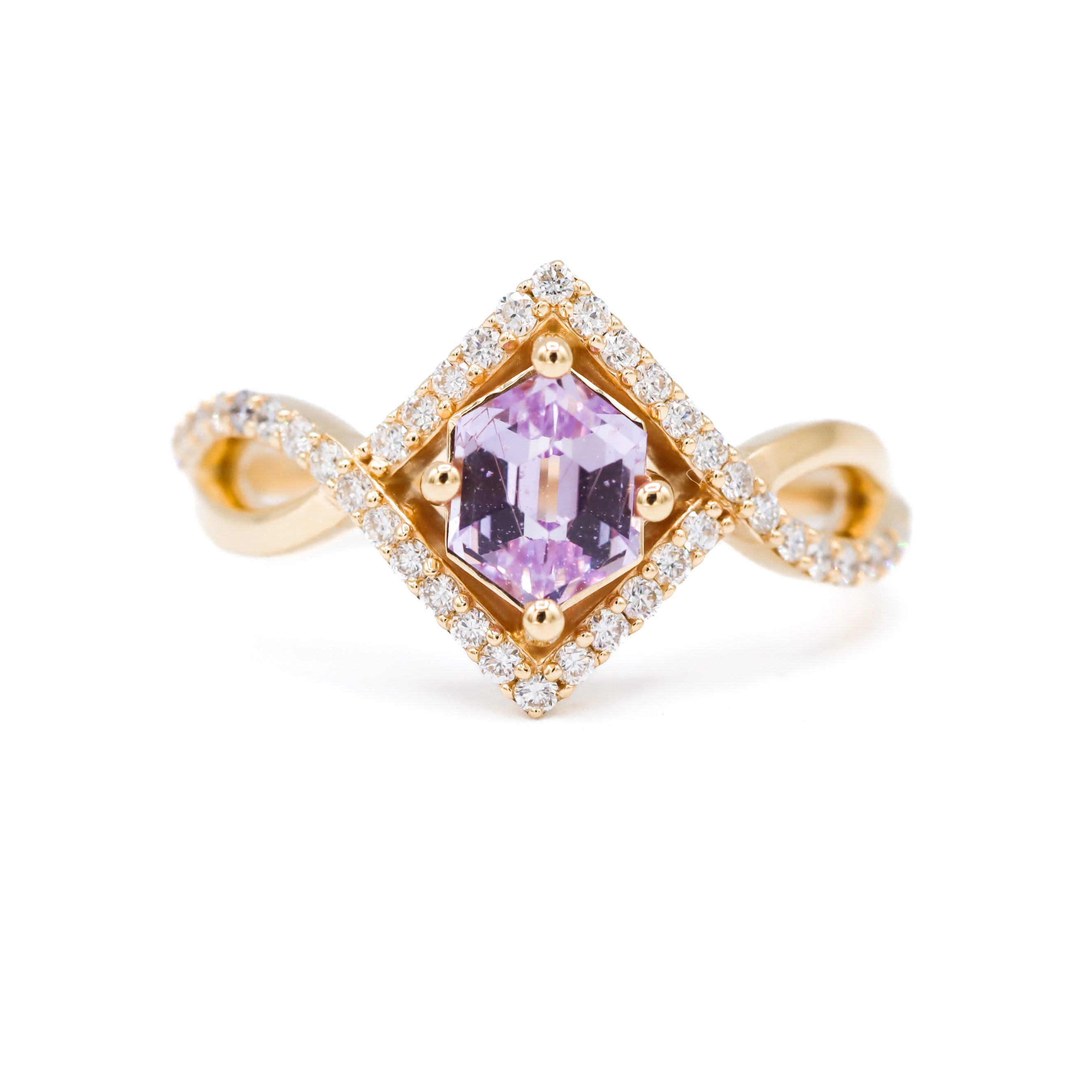 14K Yellow 1.50ct Gold Hexagonal Purple Sapphire and Diamond Twist Ring