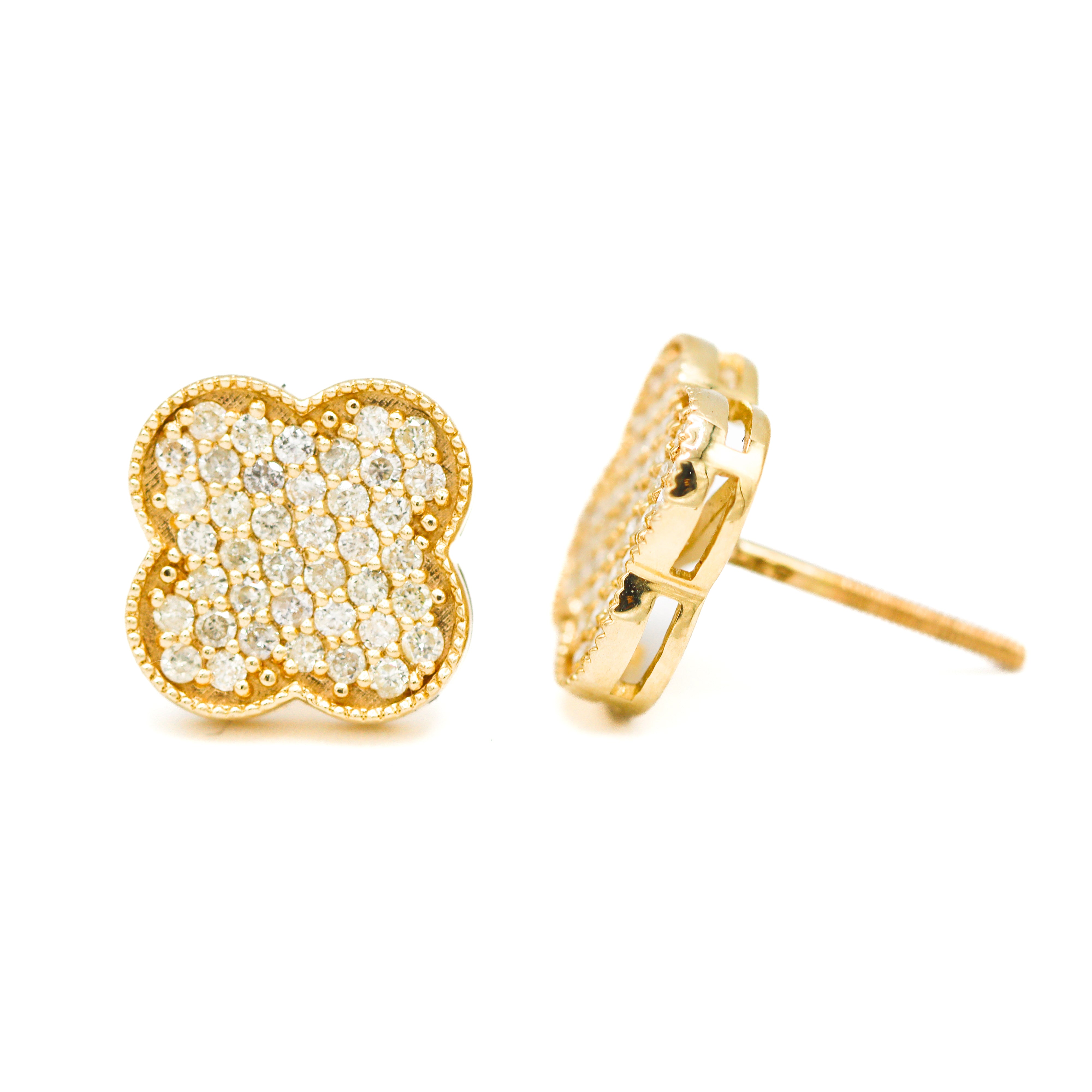 Left front-facing and right turned sideways view of 14K Yellow Gold 5/8CT. Diamond Clover Stud Earrings on white background.