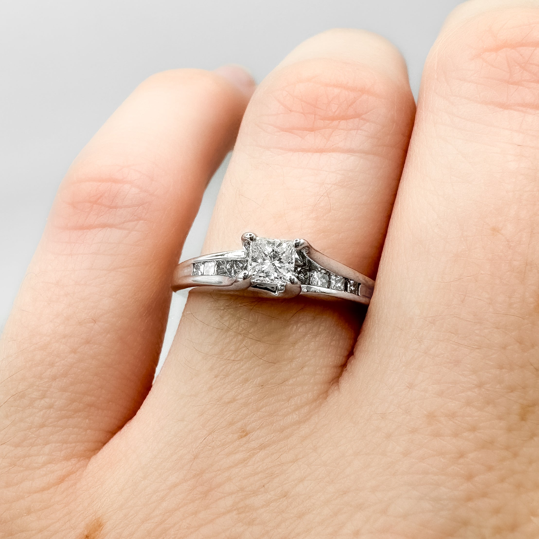 Estate Collection: 14K White Gold Princess-Cut Diamond Bridge Engagement Ring