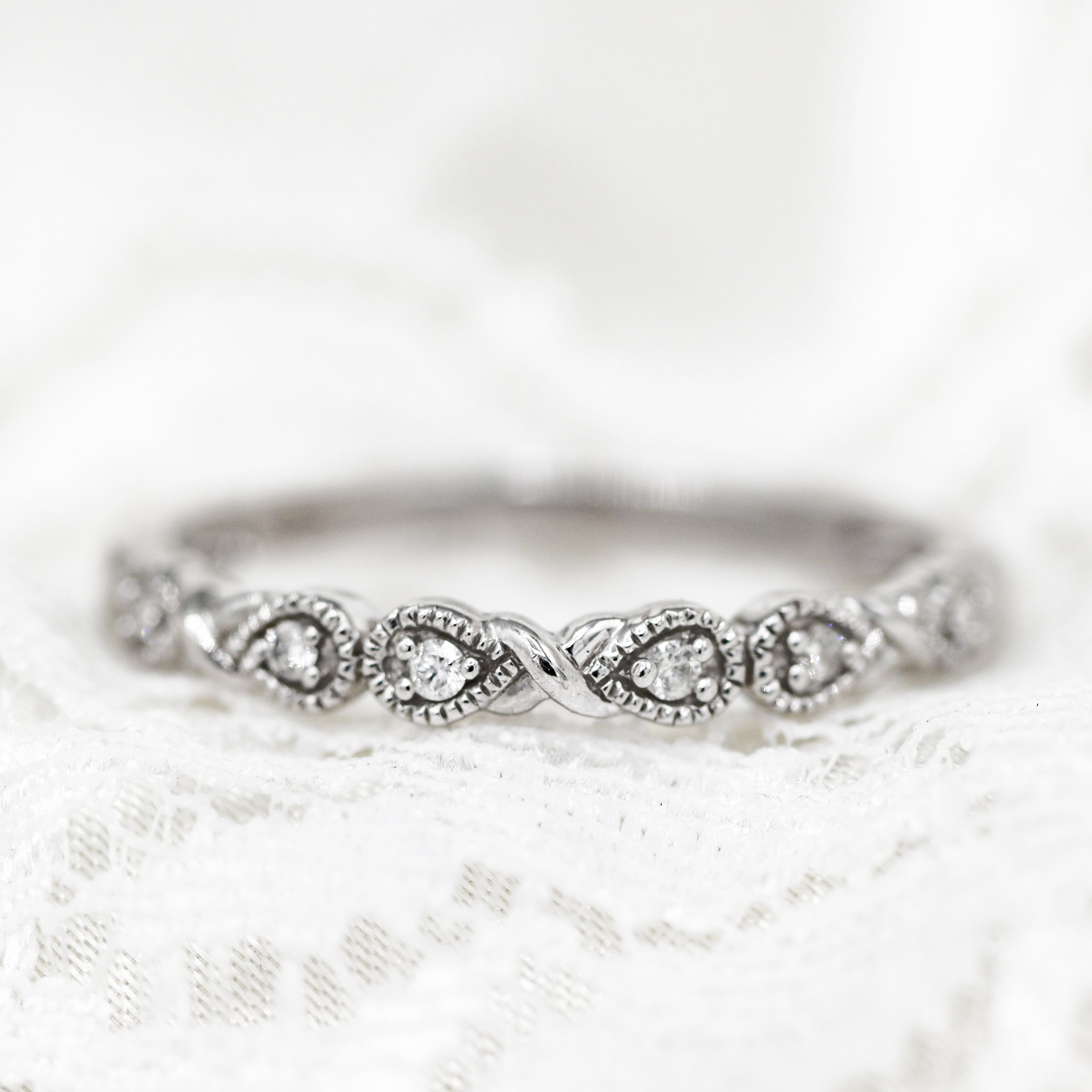 14K White Gold Vintage-Inspired Milgrain Design Diamond Band on lace