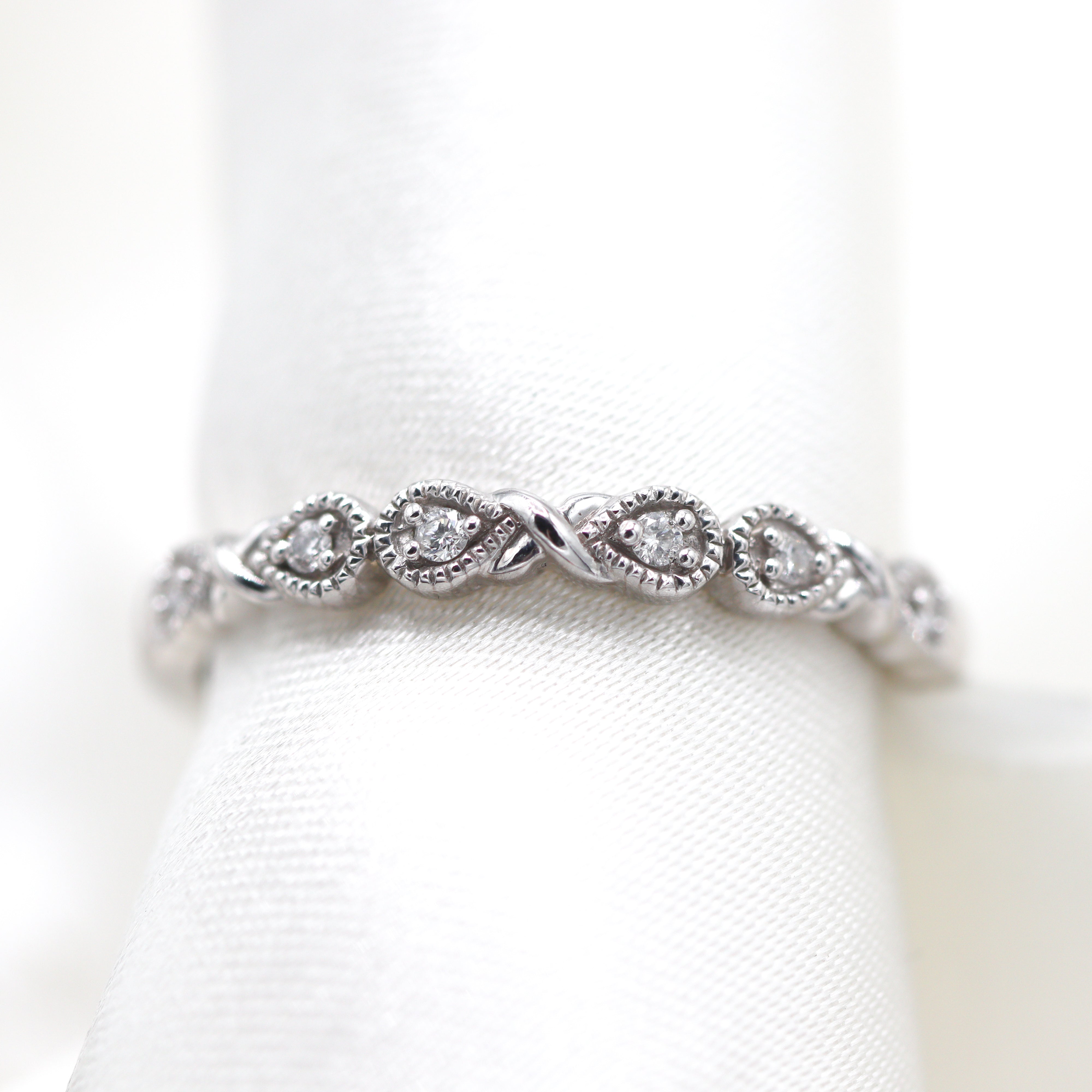 14K White Gold Vintage-Inspired Milgrain Design Diamond Band on satin
