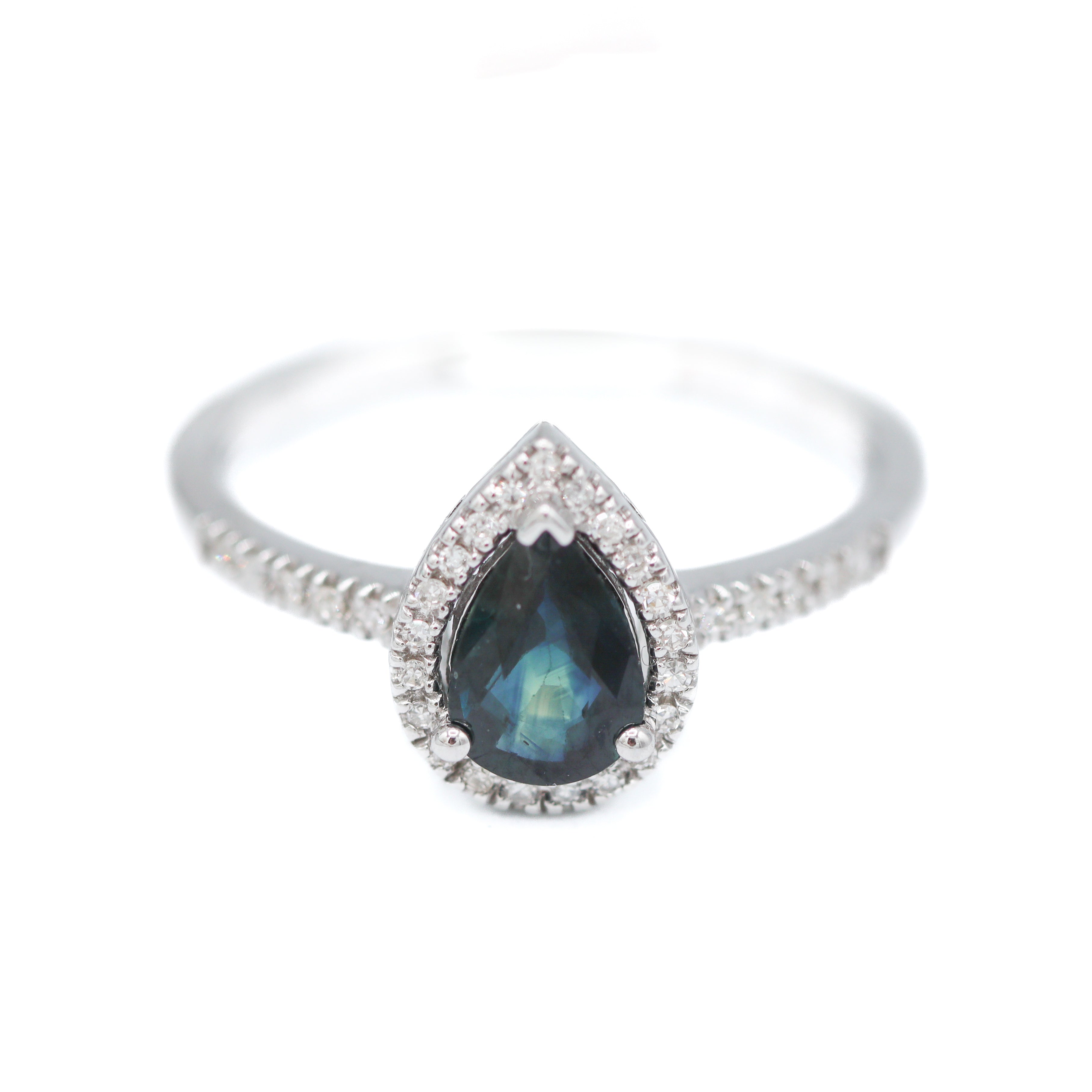 14K White Gold Pear-Cut Sapphire & 1/6CTW. Diamond Halo Ring