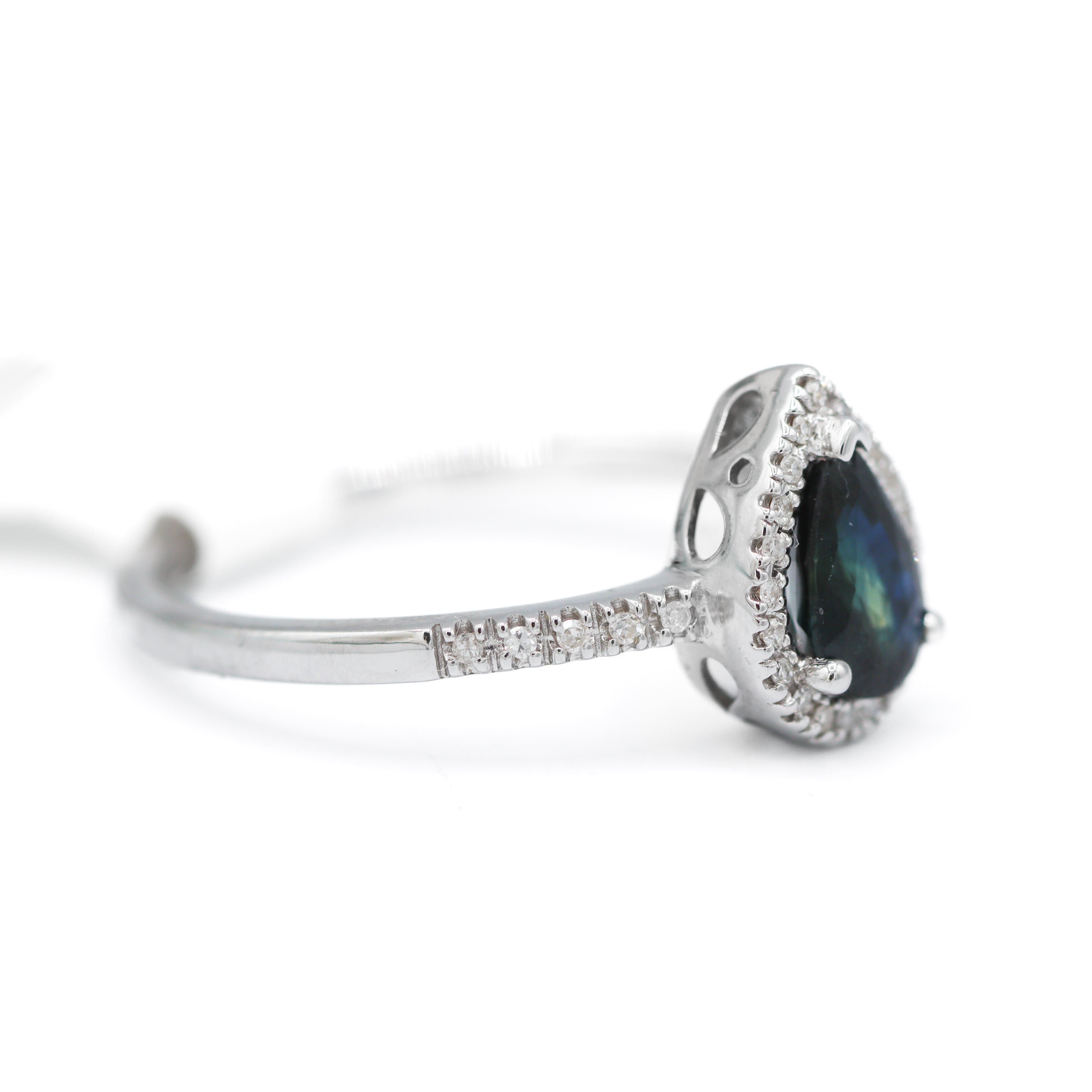 14K White Gold Pear-Cut Sapphire & 1/6CTW. Diamond Halo Ring
