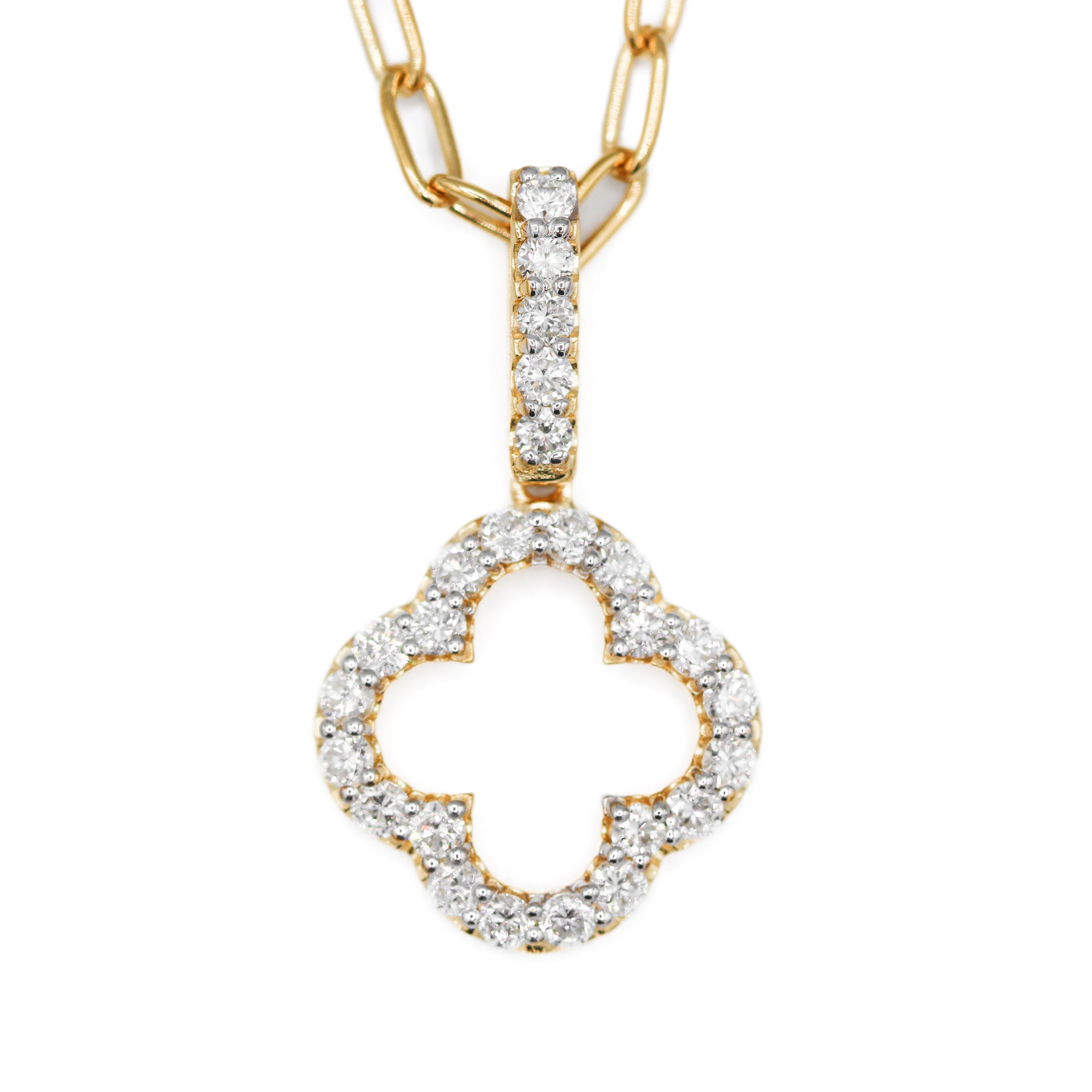 Sterling Silver Gold Plated Lab-Grown Diamond 1CTW Paperclip Link Style Clover Pendant Necklace
