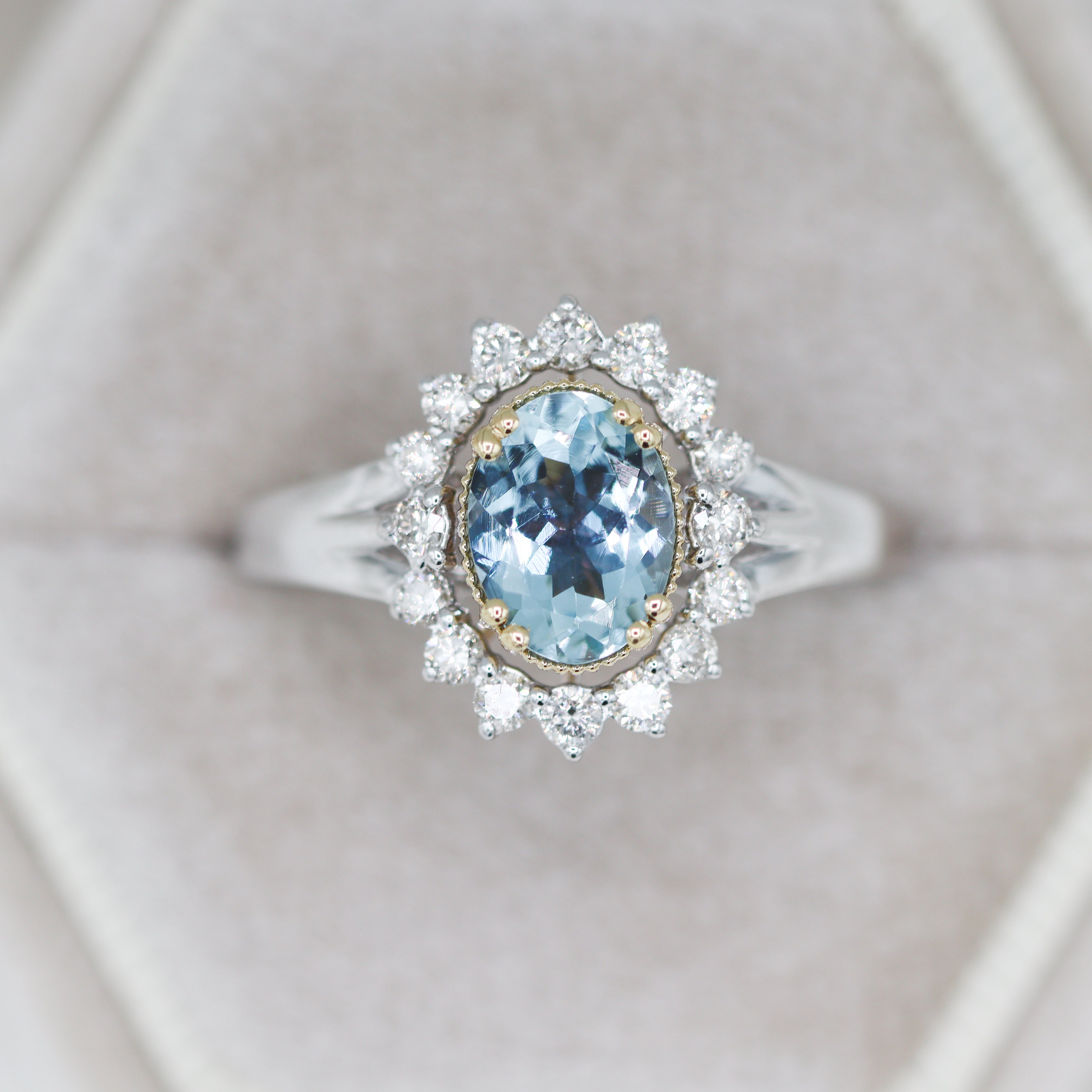 14K White & Yellow Gold 1.08CT. Oval-Cut Aquamarine & 0.37CTW. Diamond Halo Ring