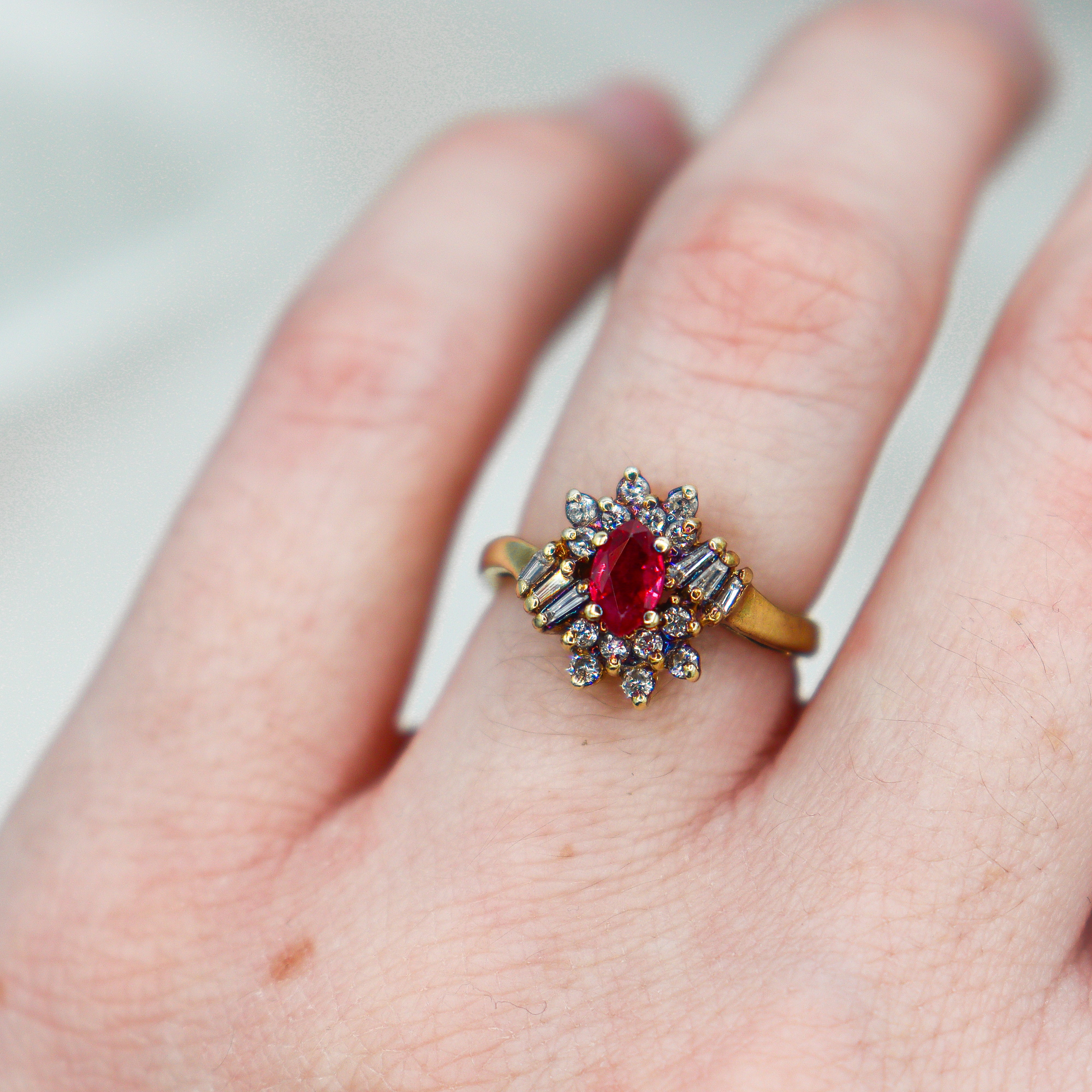 Estate Collection: 14K Yellow Gold Ruby & Scattered Diamond Cocktail Ring