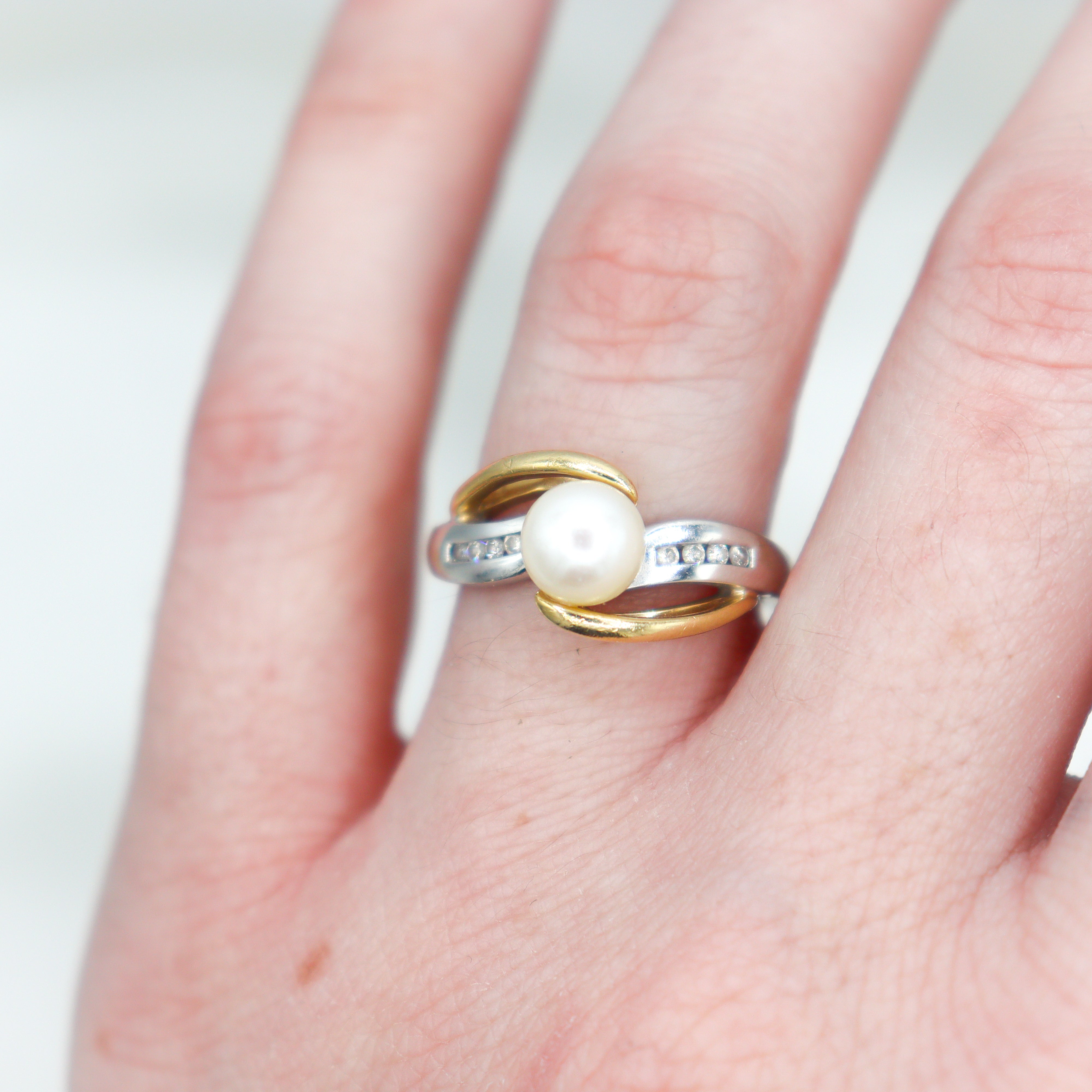 14k yellow and white gold Pearl and diamond ring.