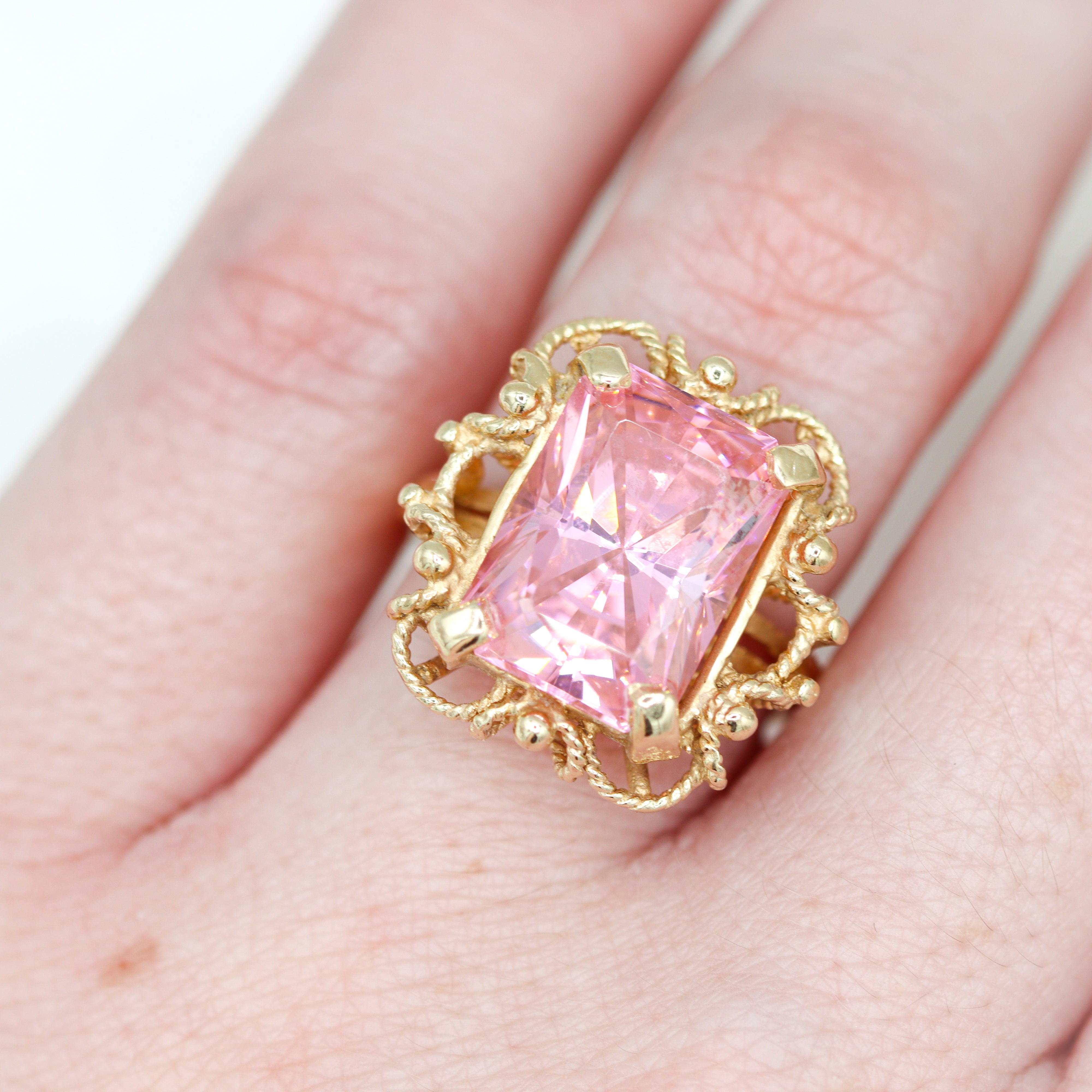 Estate Collection: 14K Yellow Gold Emerald-Cut Pink Ice Victorian-Style Cocktail Ring