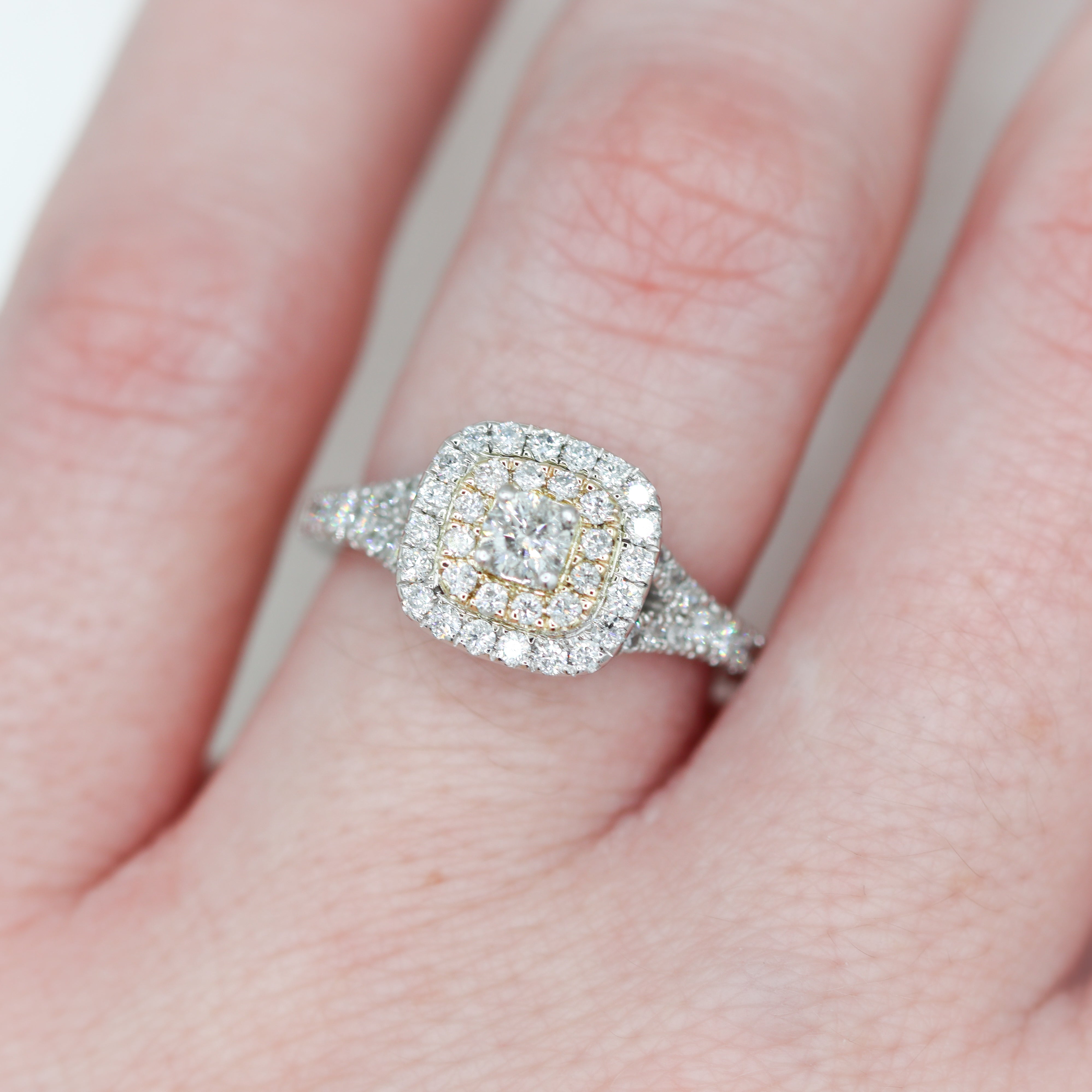 Estate Collection: 10K White Gold 0.5CTW. Diamond Cluster Double Cushion Halo Split-Shank Yellow-Gold-Accented Engagement Ring