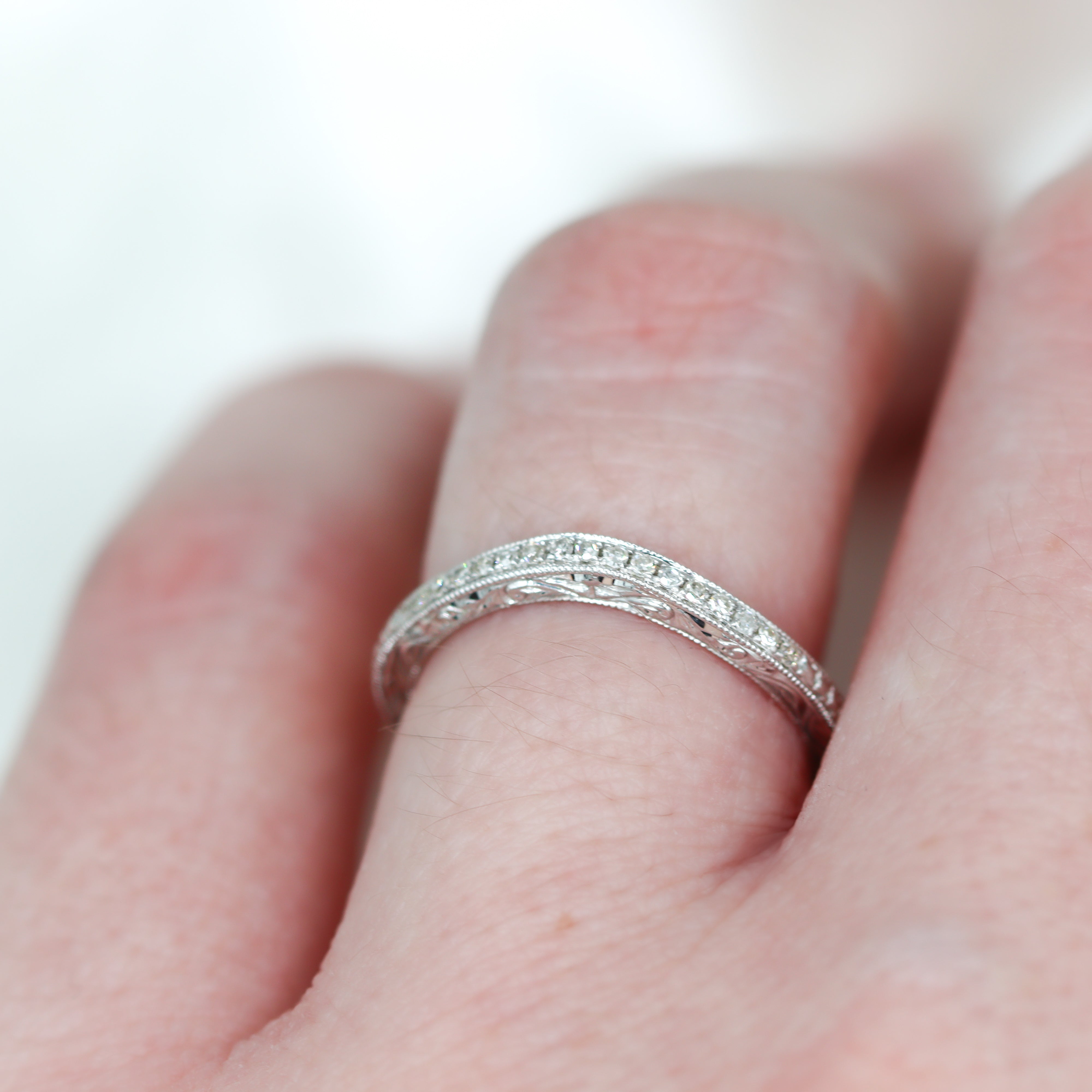 Estate Collection: 14K White Gold Western-Inspired Milgrain Design Curved Diamond Band