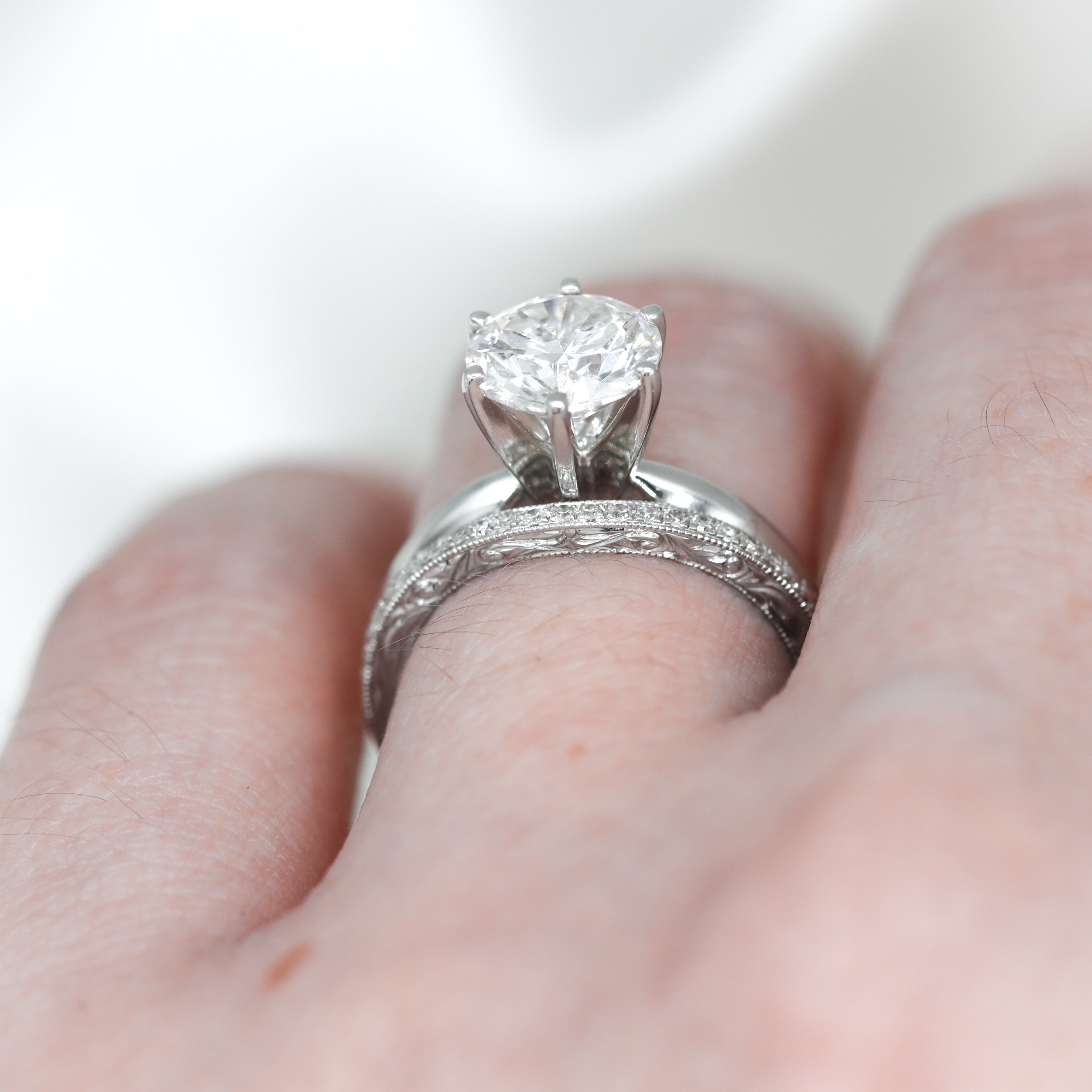 Estate Collection: 14K White Gold Western-Inspired Milgrain Design Curved Diamond Band