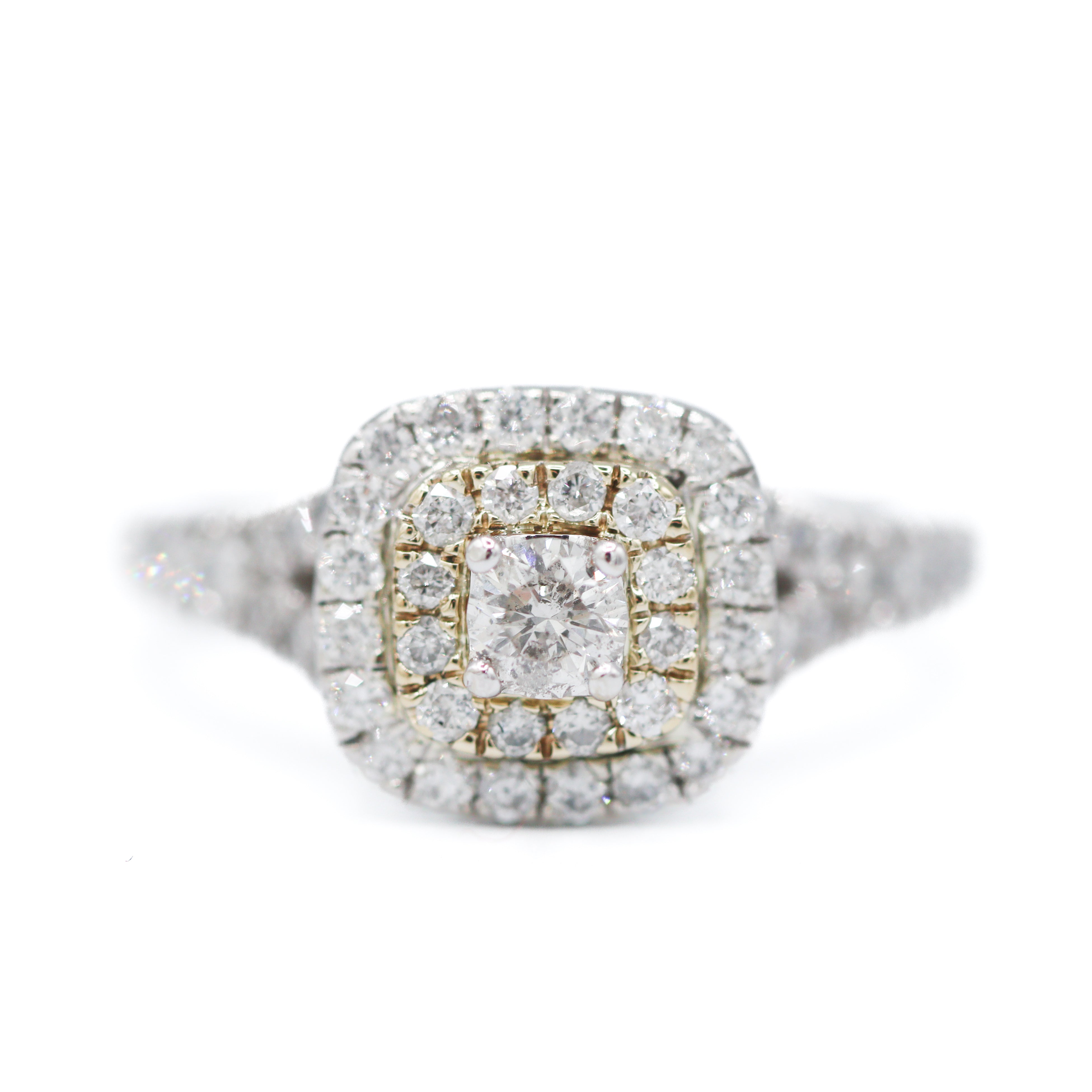 Estate Collection: 10K White Gold 0.5CTW. Diamond Cluster Double Cushion Halo Split-Shank Yellow-Gold-Accented Engagement Ring