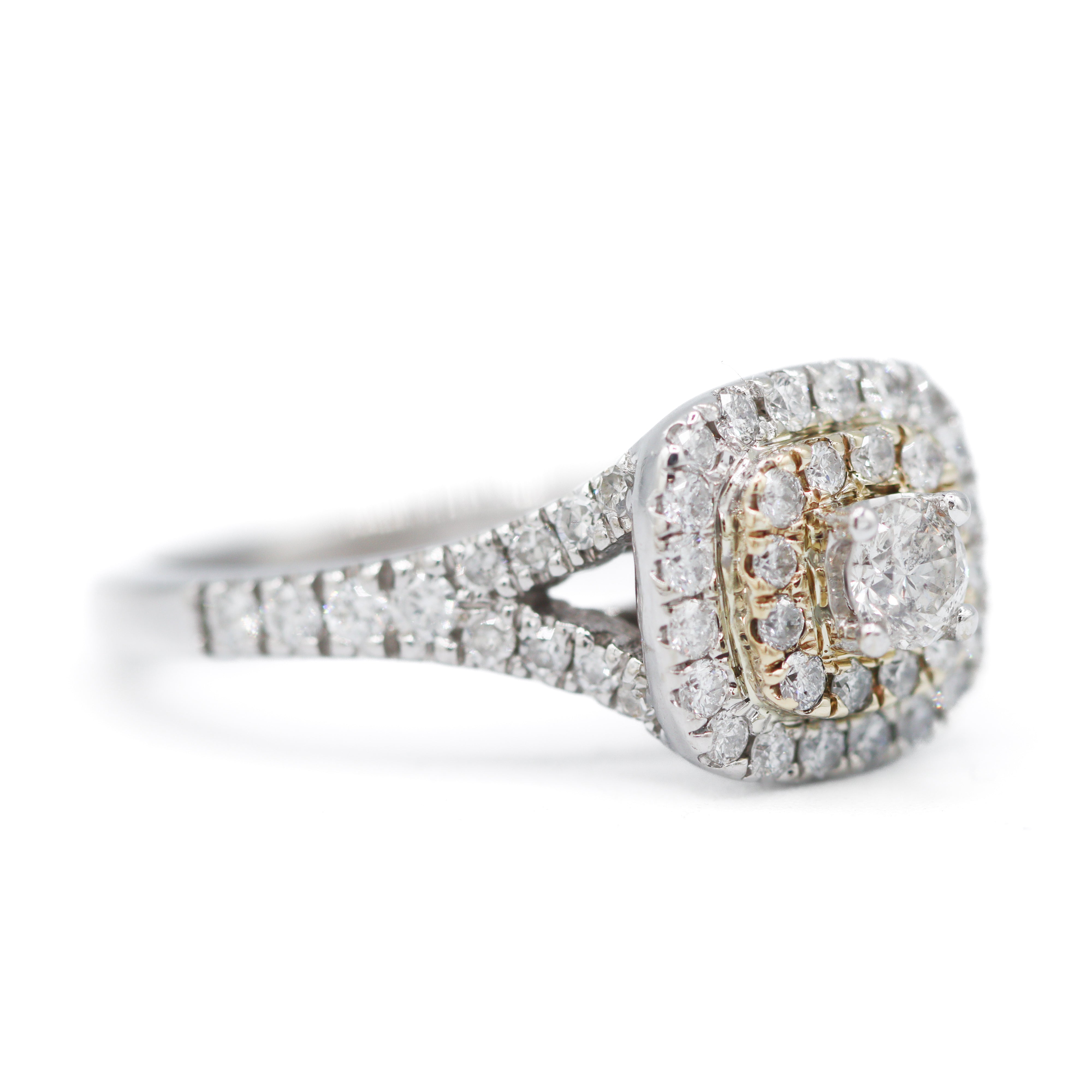 Estate Collection: 10K White Gold 0.5CTW. Diamond Cluster Double Cushion Halo Split-Shank Yellow-Gold-Accented Engagement Ring