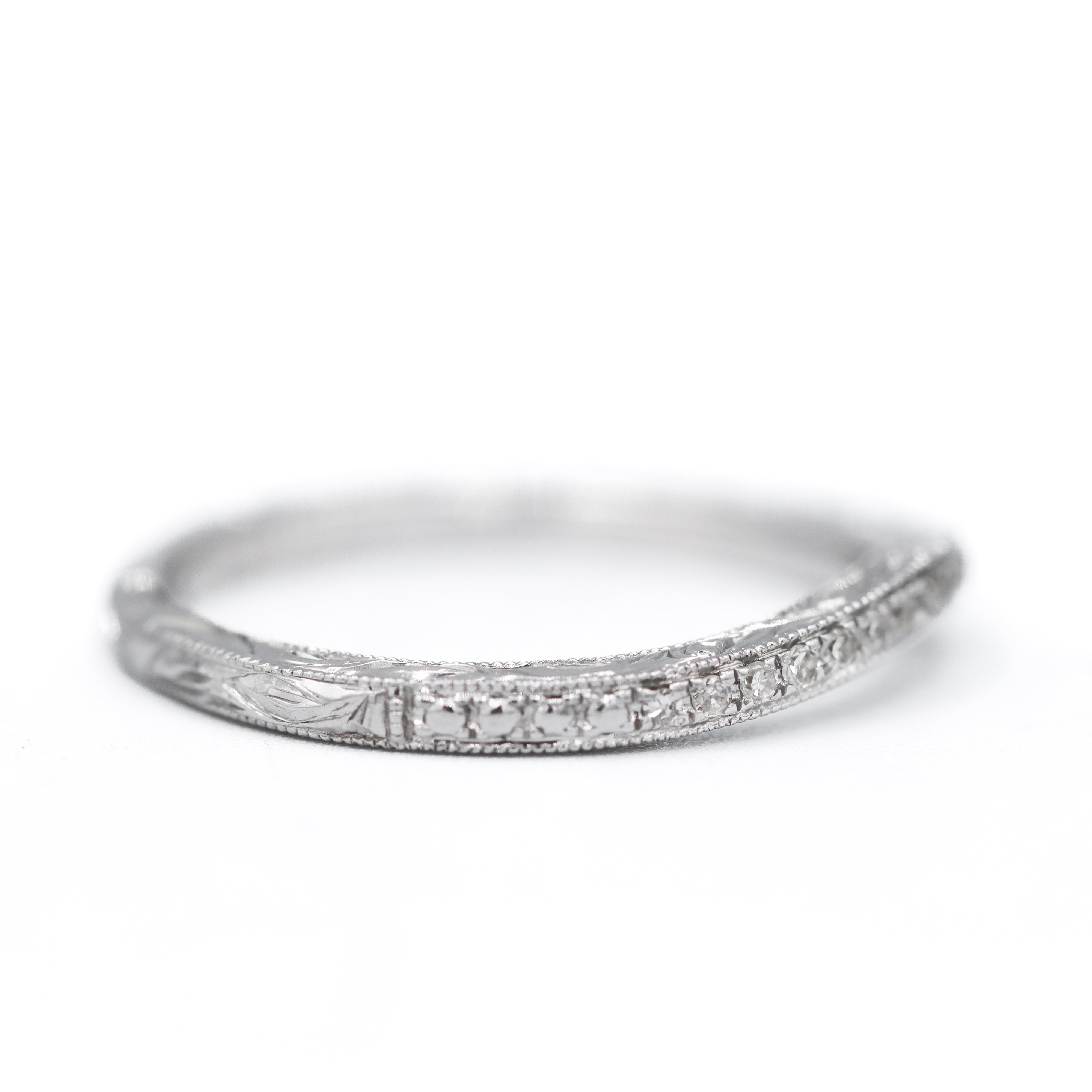 Estate Collection: 14K White Gold Western-Inspired Milgrain Design Curved Diamond Band