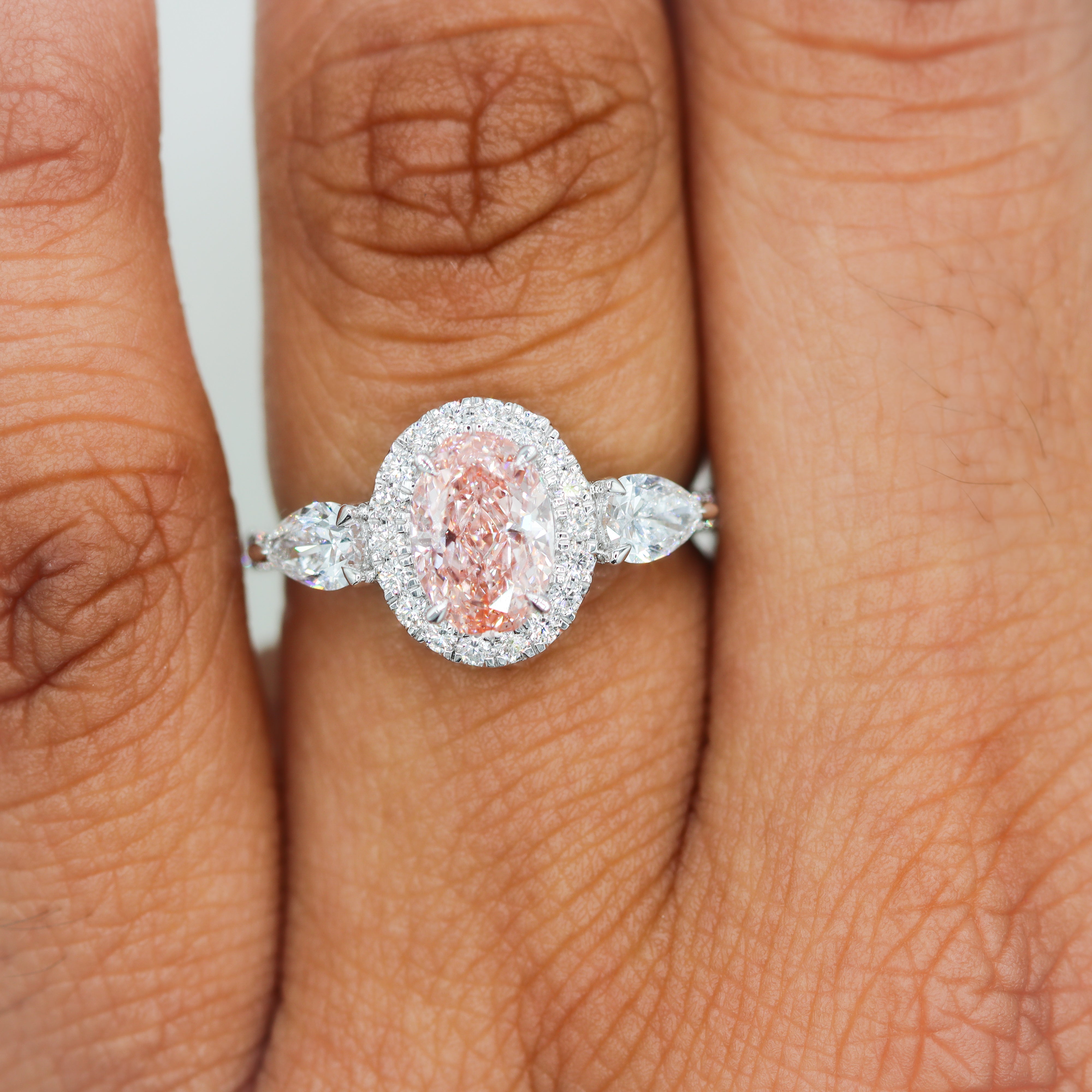 The "Peony" — 14K White Gold 2.56CTW. Certified Pink Oval-Cut Lab-Grown Diamond Halo Accented Engagement Ring