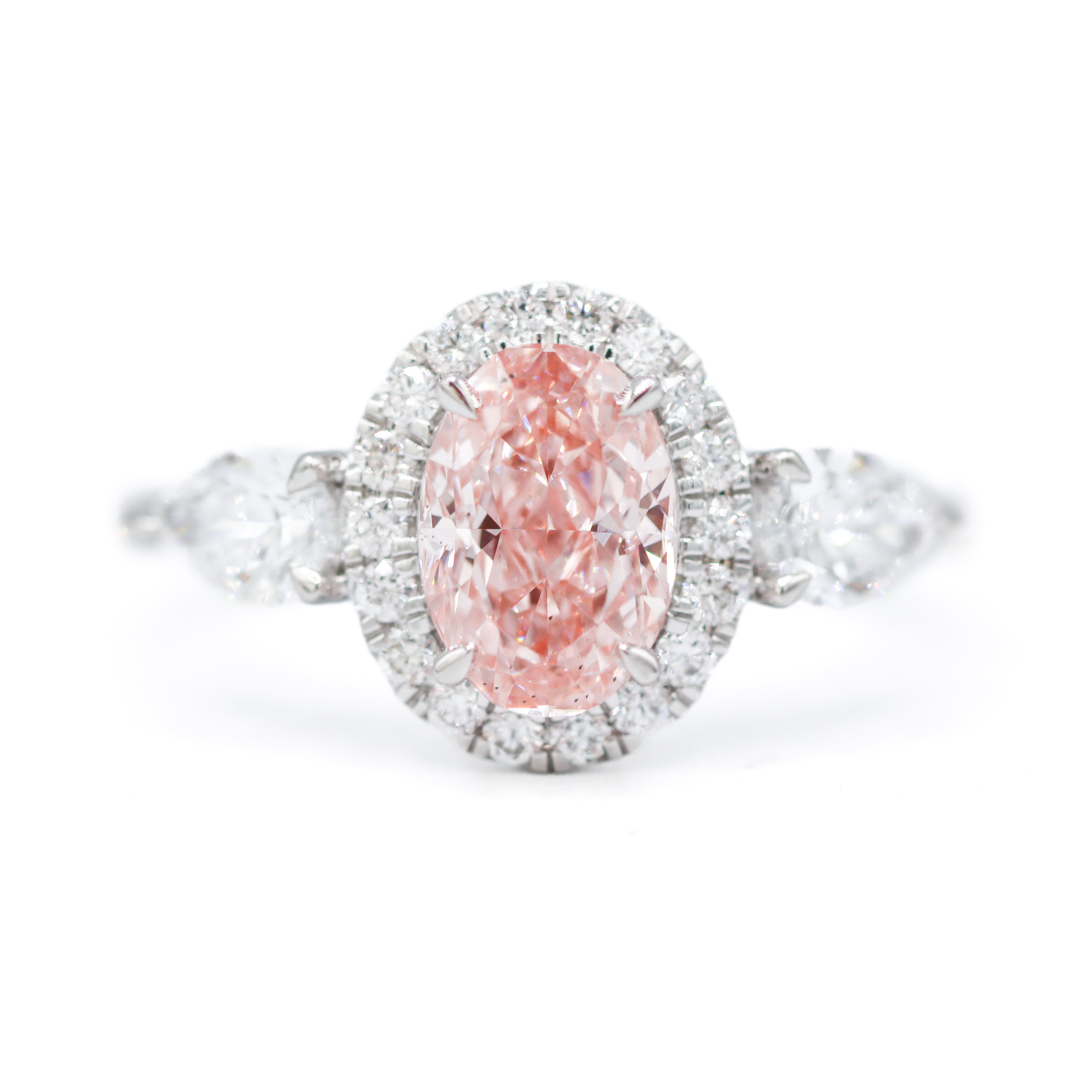 The "Peony" — 14K White Gold 2.56CTW. Certified Pink Oval-Cut Lab-Grown Diamond Halo Accented Engagement Ring
