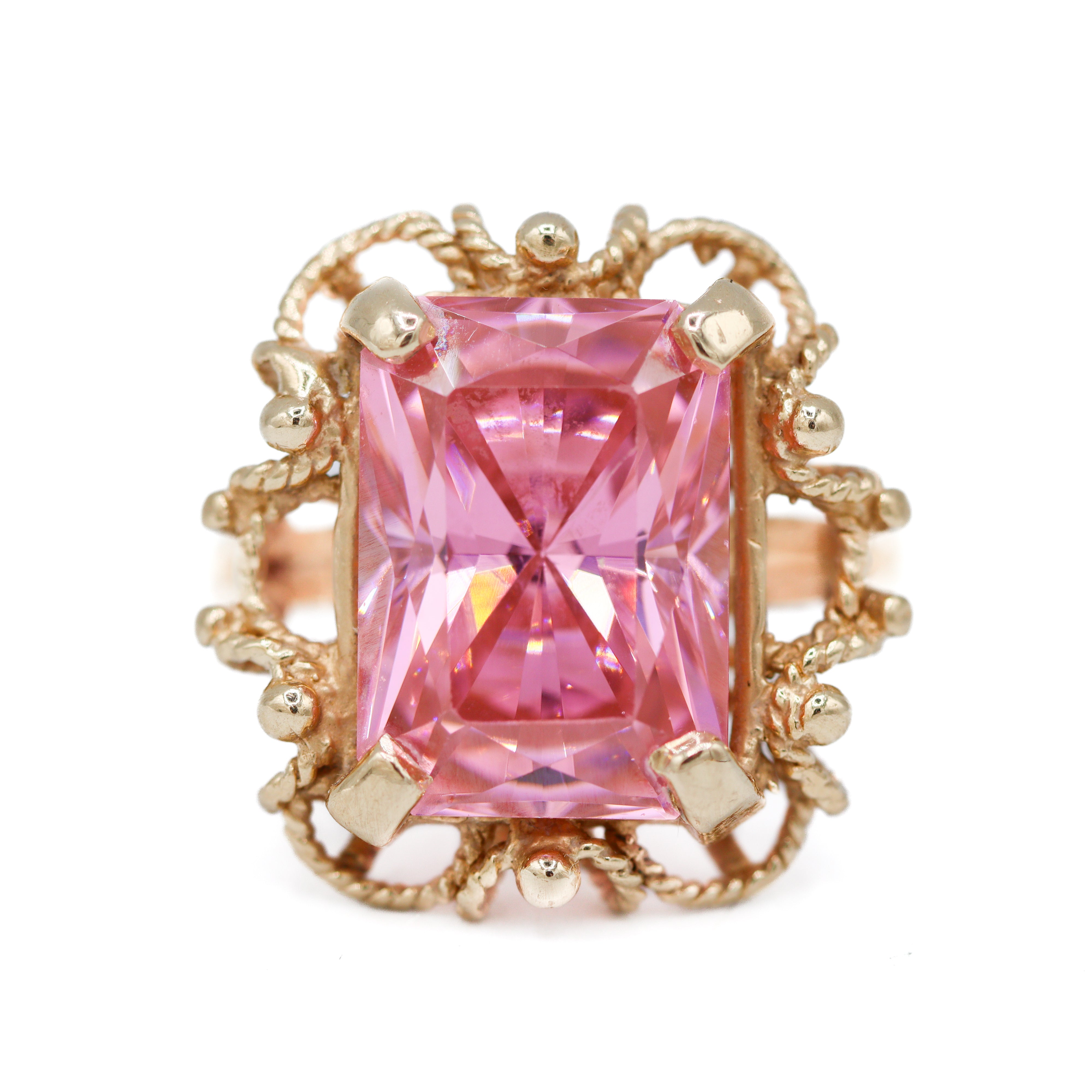 Estate Collection: 14K Yellow Gold Emerald-Cut Pink Ice Victorian-Style Cocktail Ring
