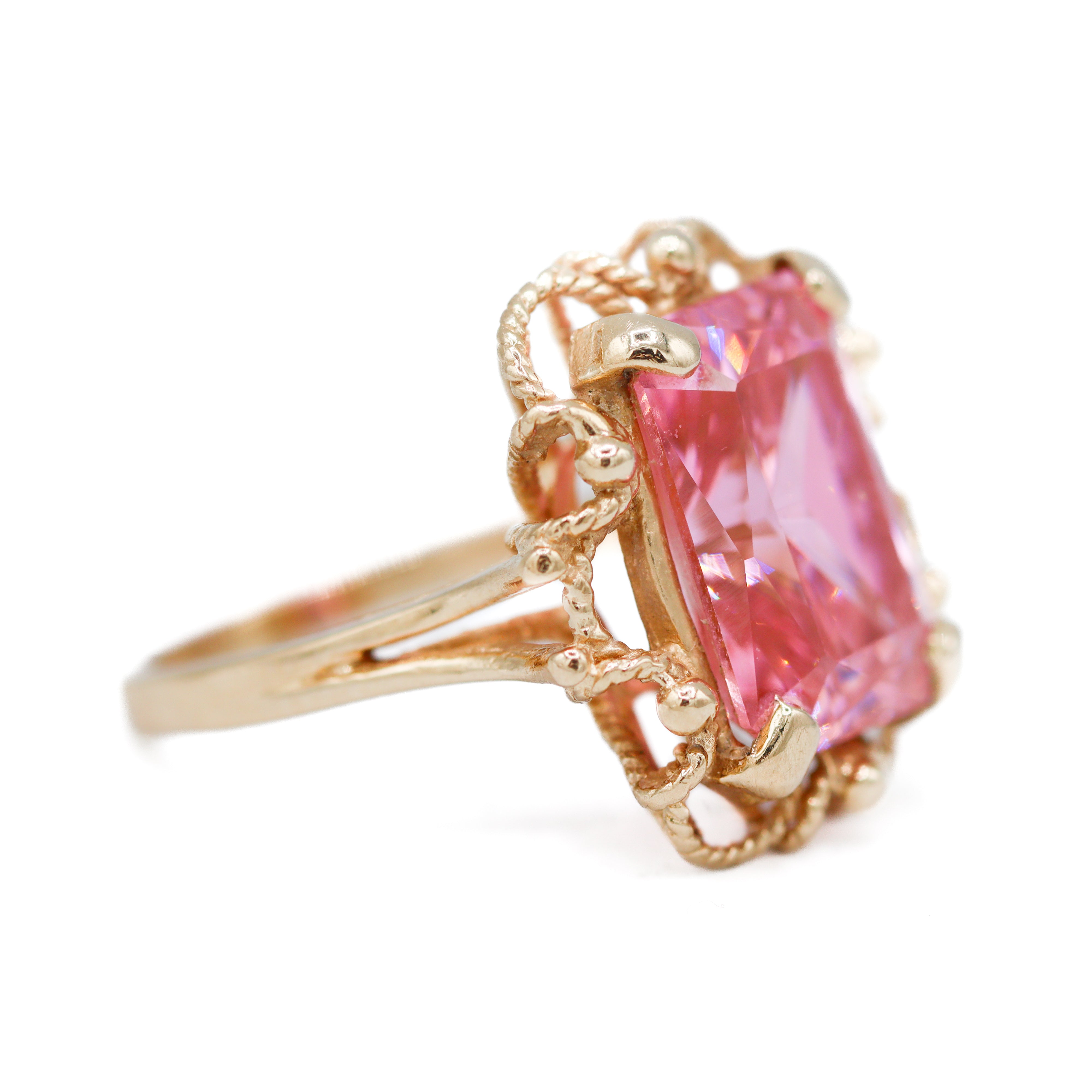 Estate Collection: 14K Yellow Gold Emerald-Cut Pink Ice Victorian-Style Cocktail Ring