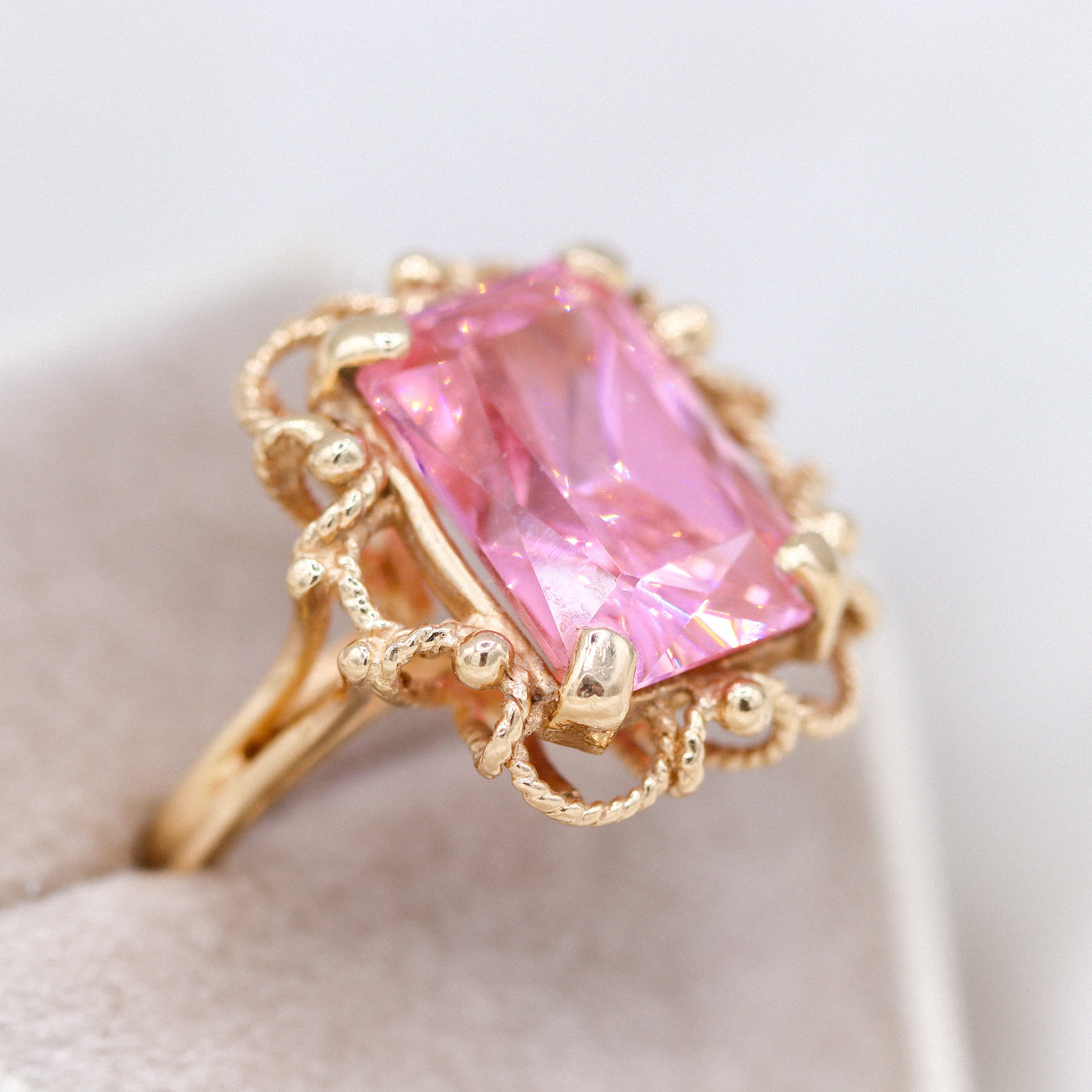 Estate Collection: 14K Yellow Gold Emerald-Cut Pink Ice Victorian-Style Cocktail Ring