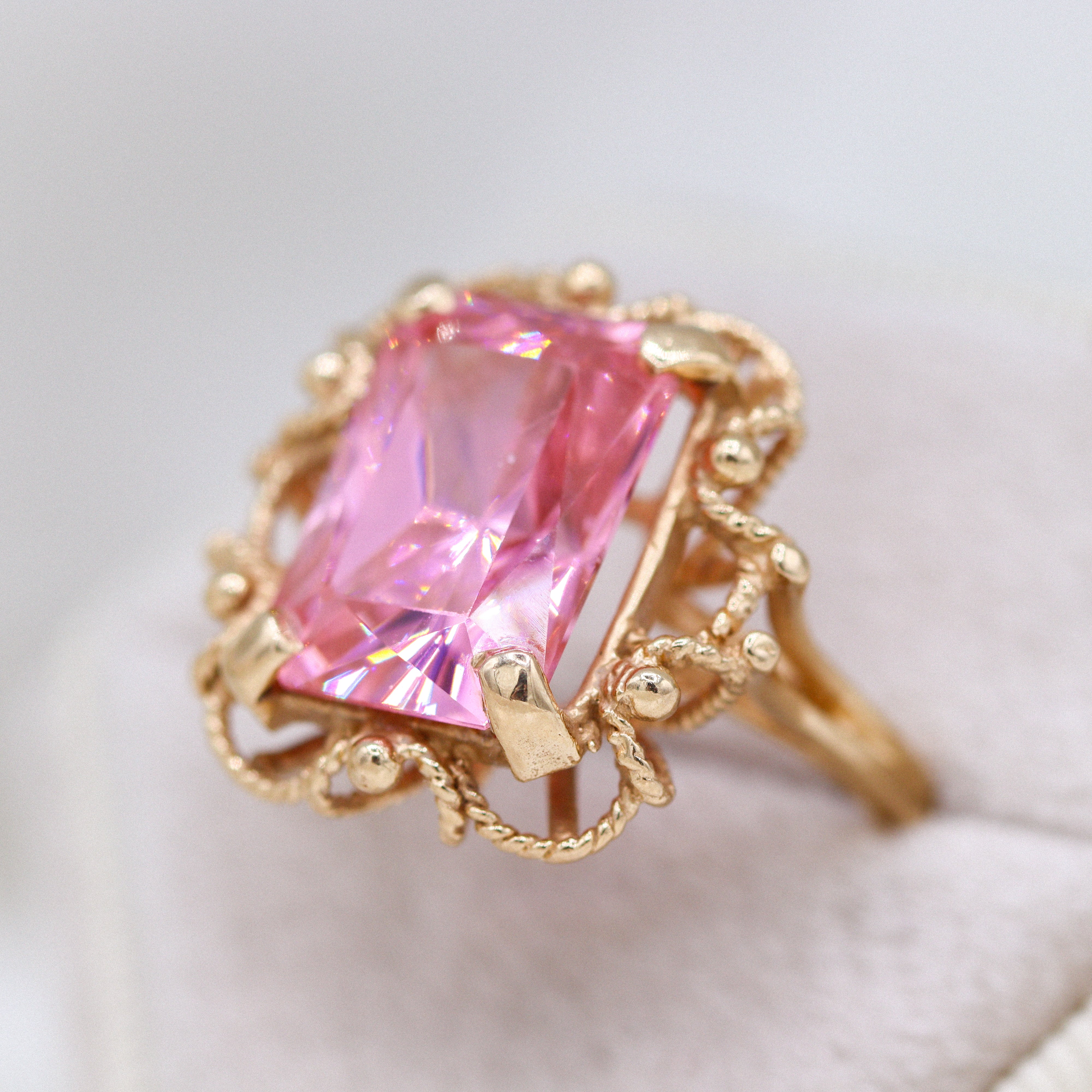Estate Collection: 14K Yellow Gold Emerald-Cut Pink Ice Victorian-Style Cocktail Ring