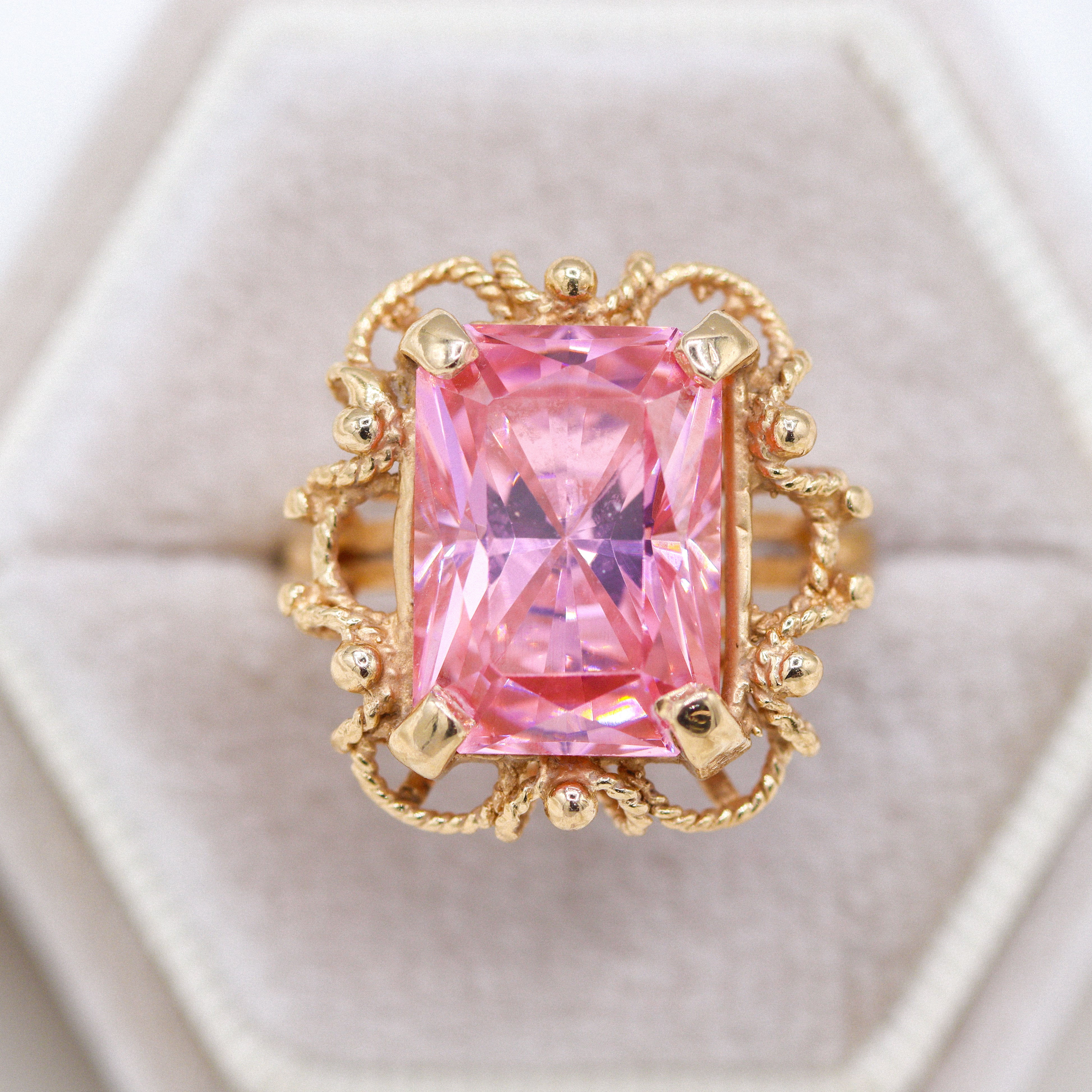 Estate Collection: 14K Yellow Gold Emerald-Cut Pink Ice Victorian-Style Cocktail Ring