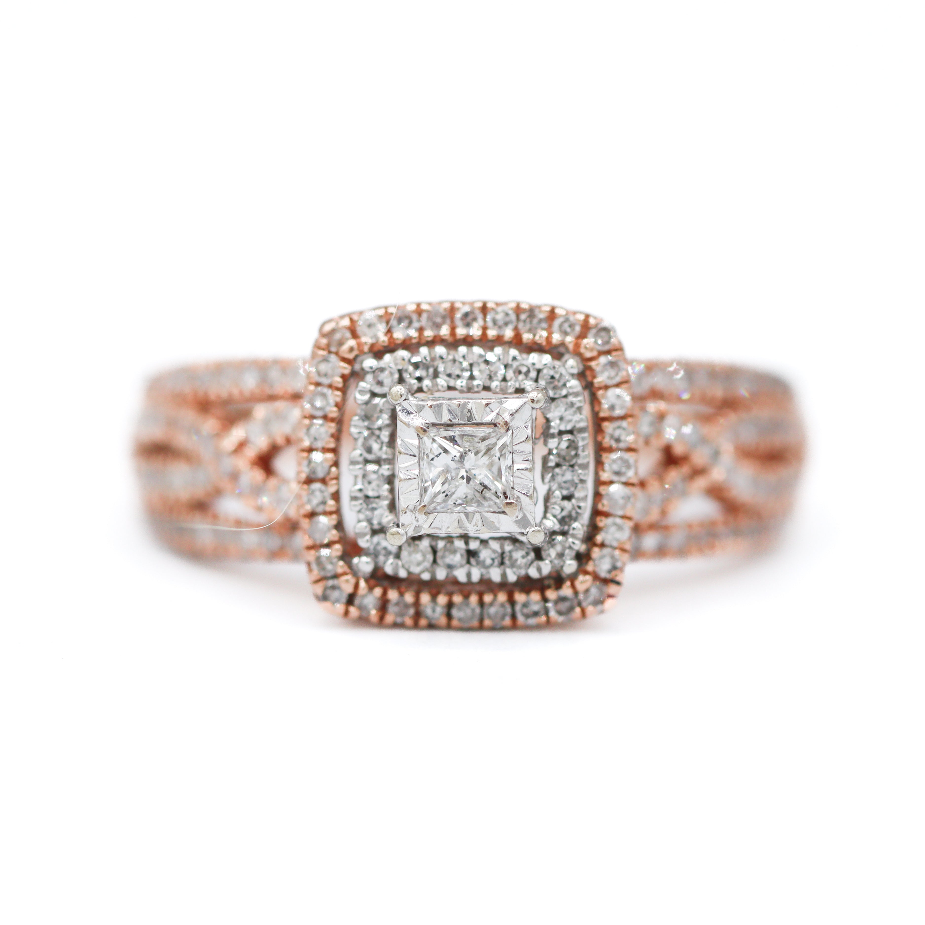 Estate Collection: 10K Rose Gold 0.35CTW. Diamond Princess-Cut Illusion-Set Double Halo Twisted 4-Strand Shank Accented Engagement Ring