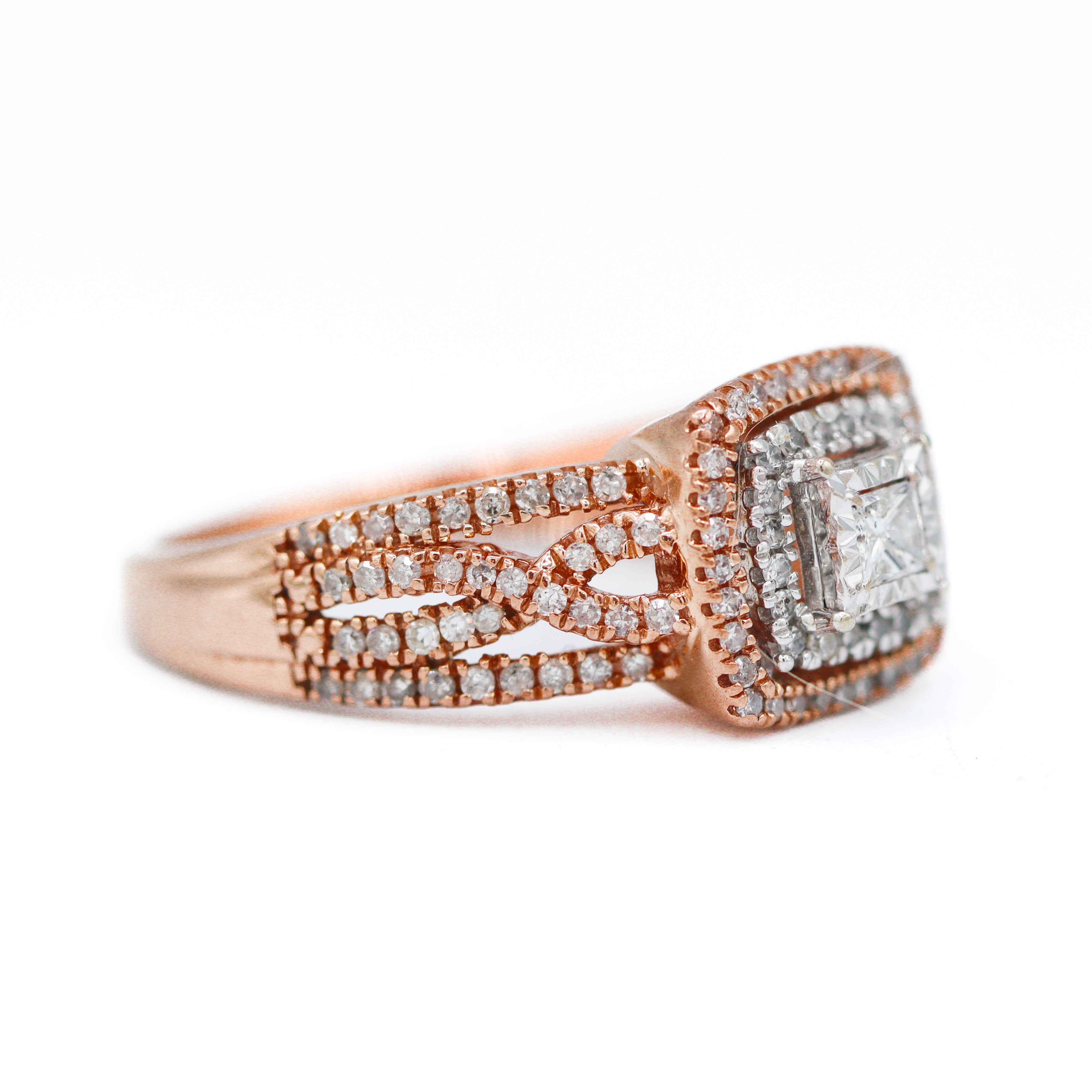Estate Collection: 10K Rose Gold 0.35CTW. Diamond Princess-Cut Illusion-Set Double Halo Twisted 4-Strand Shank Accented Engagement Ring