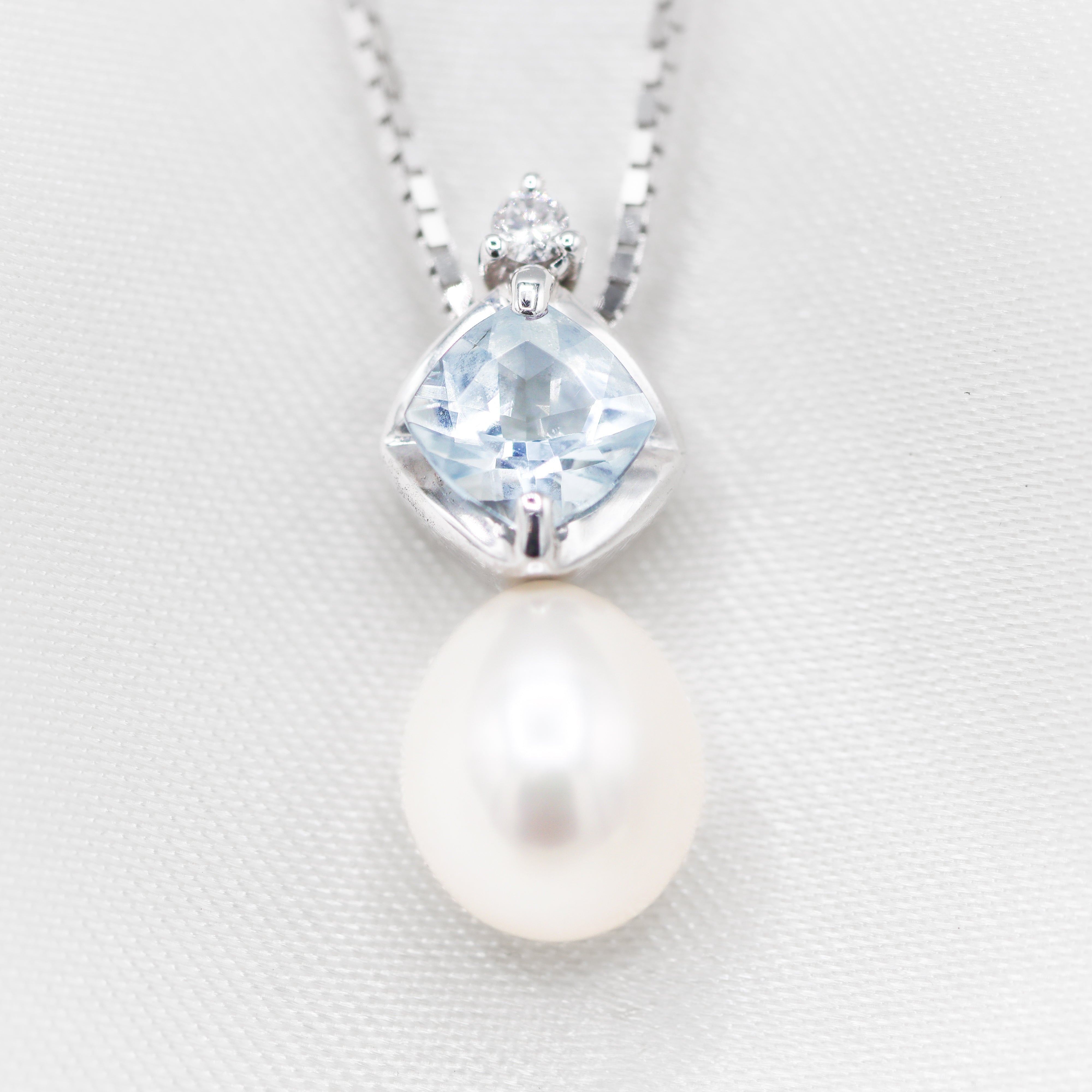 Estate Collection: 14K White Gold Diamond, Light Blue Gemstone, & Pearl Pendant Necklace on 10K White Gold Chain