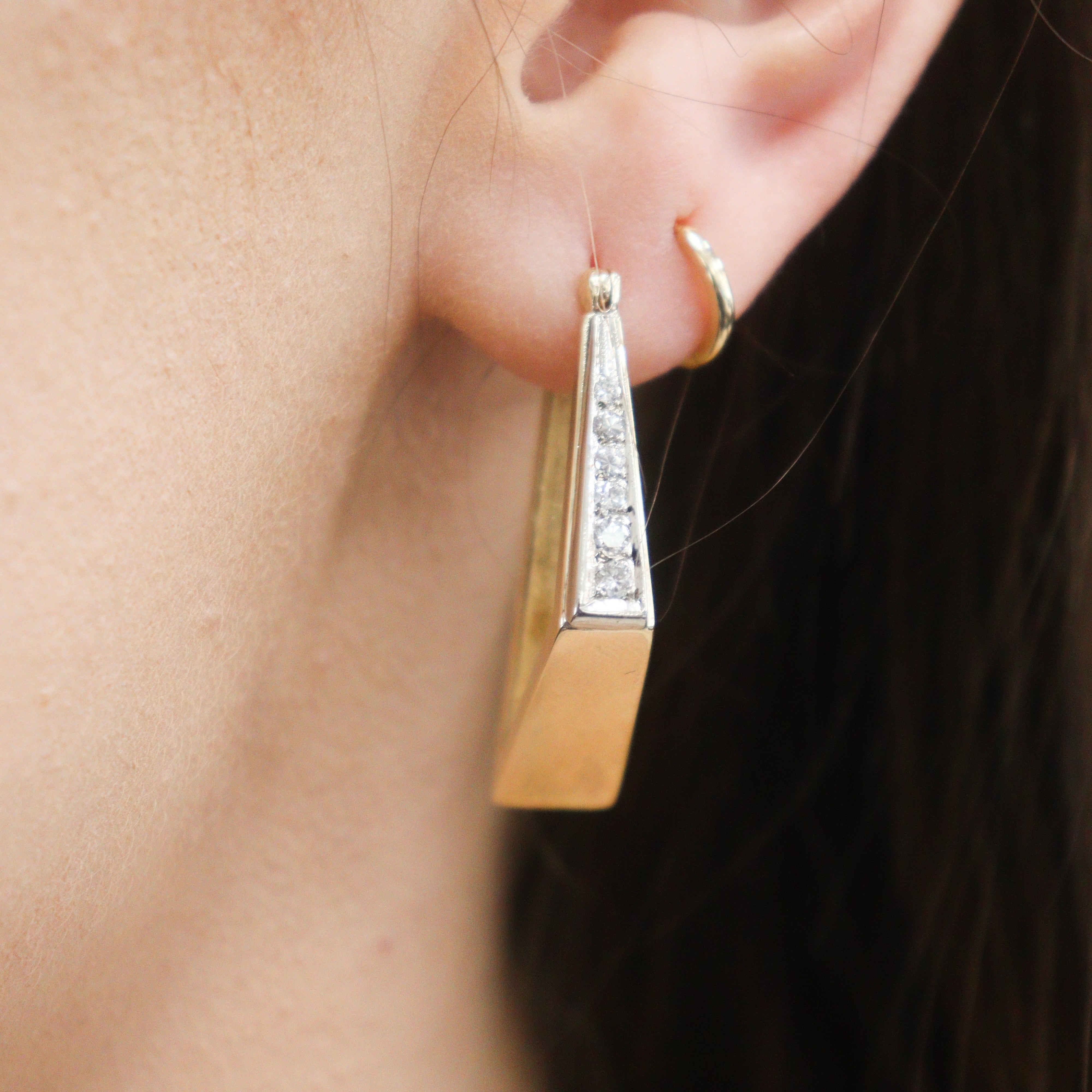 Ear view estate 14k yellow diamond geometric hoops
