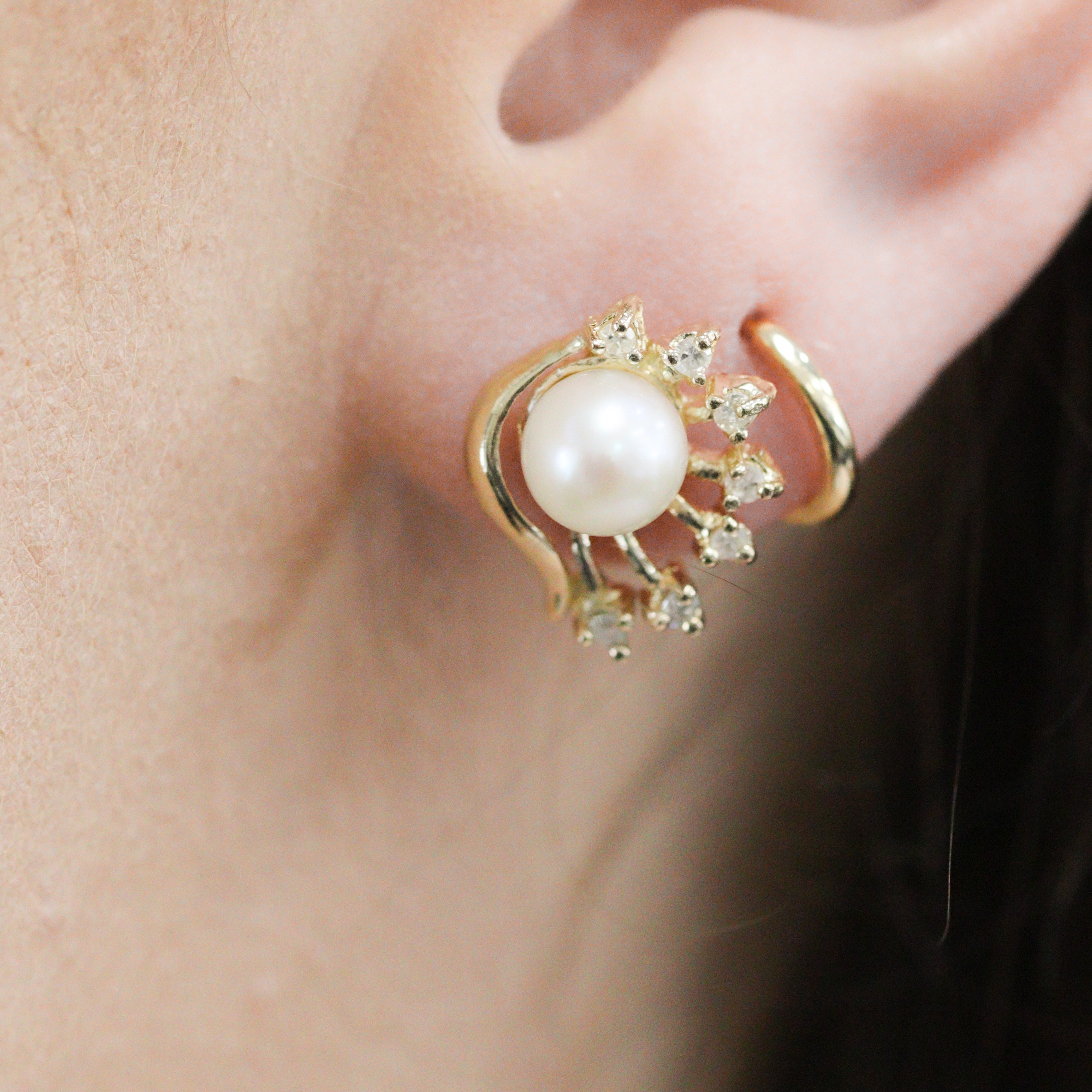 Estate 14K Yellow Gold Pearl Earrings With Diamond Accents