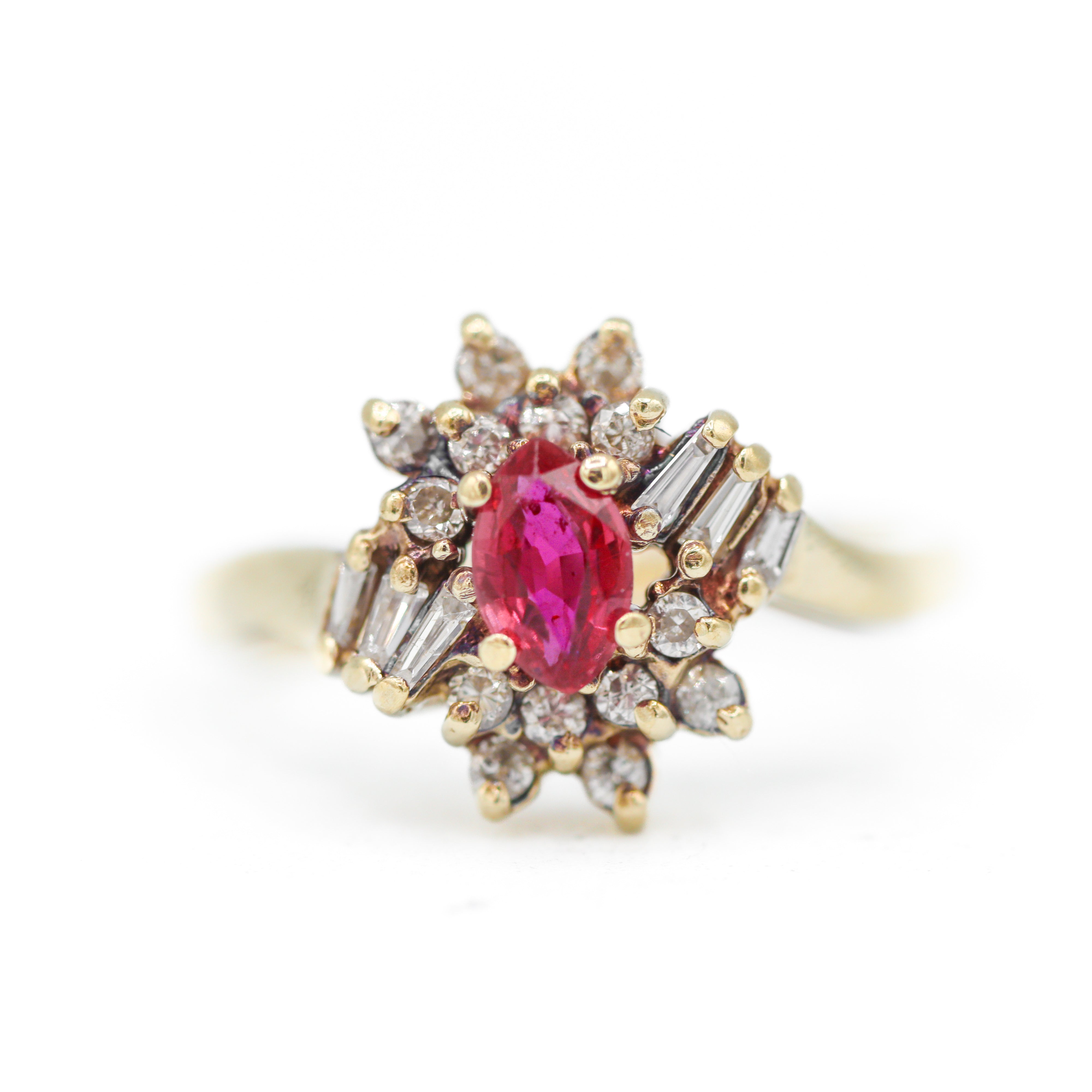 Estate Collection: 14K Yellow Gold Ruby & Scattered Diamond Cocktail Ring