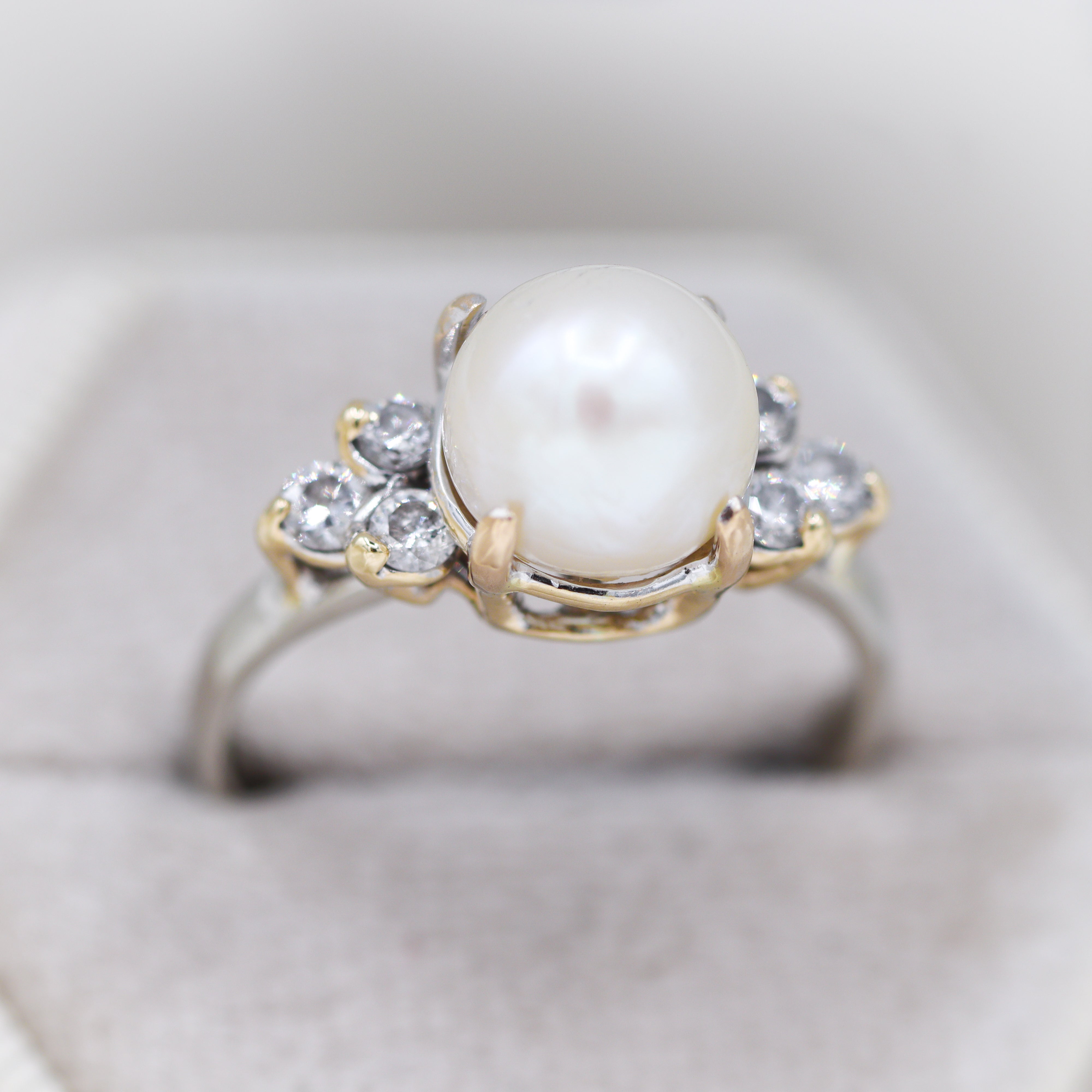 Estate Collection: 14K White & Yellow Gold Pearl Ring With 0.36CTW. Diamond Accents