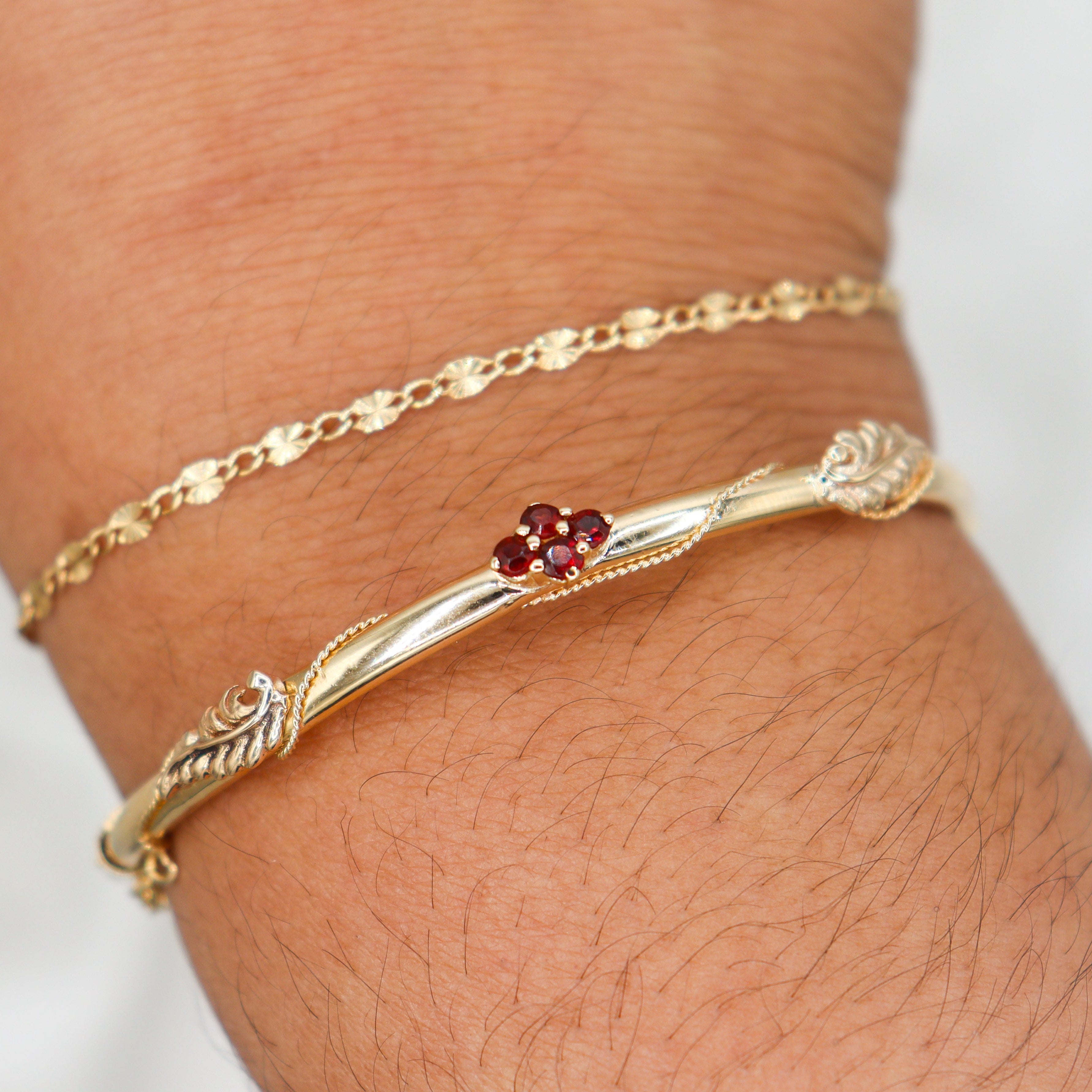 Estate Collection: 14K Garnet Flower & Leaf Safety Chain Bracelet