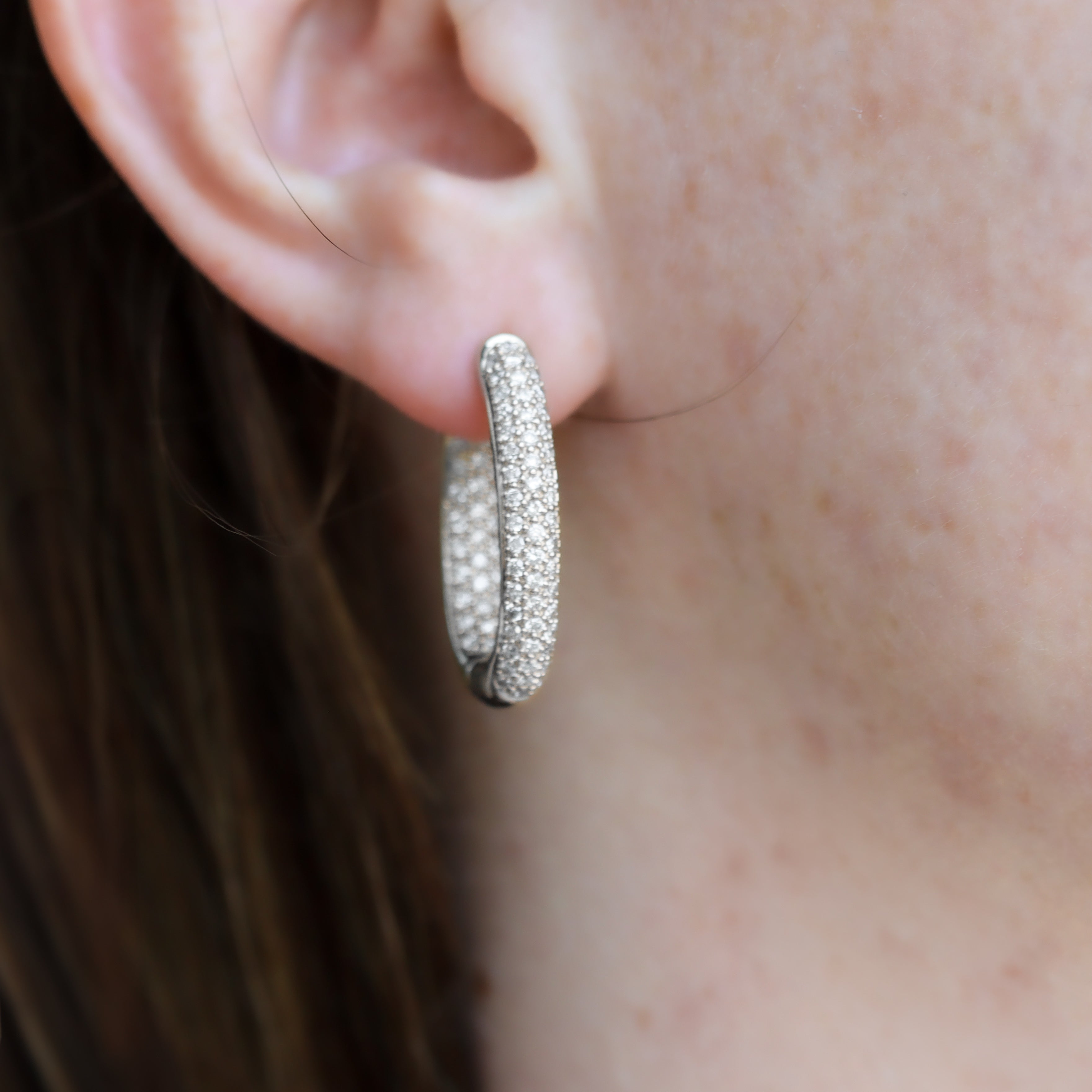 Estate Collection: 14K White Gold Medium Inside Out Pave Round Diamond Hoop Earrings