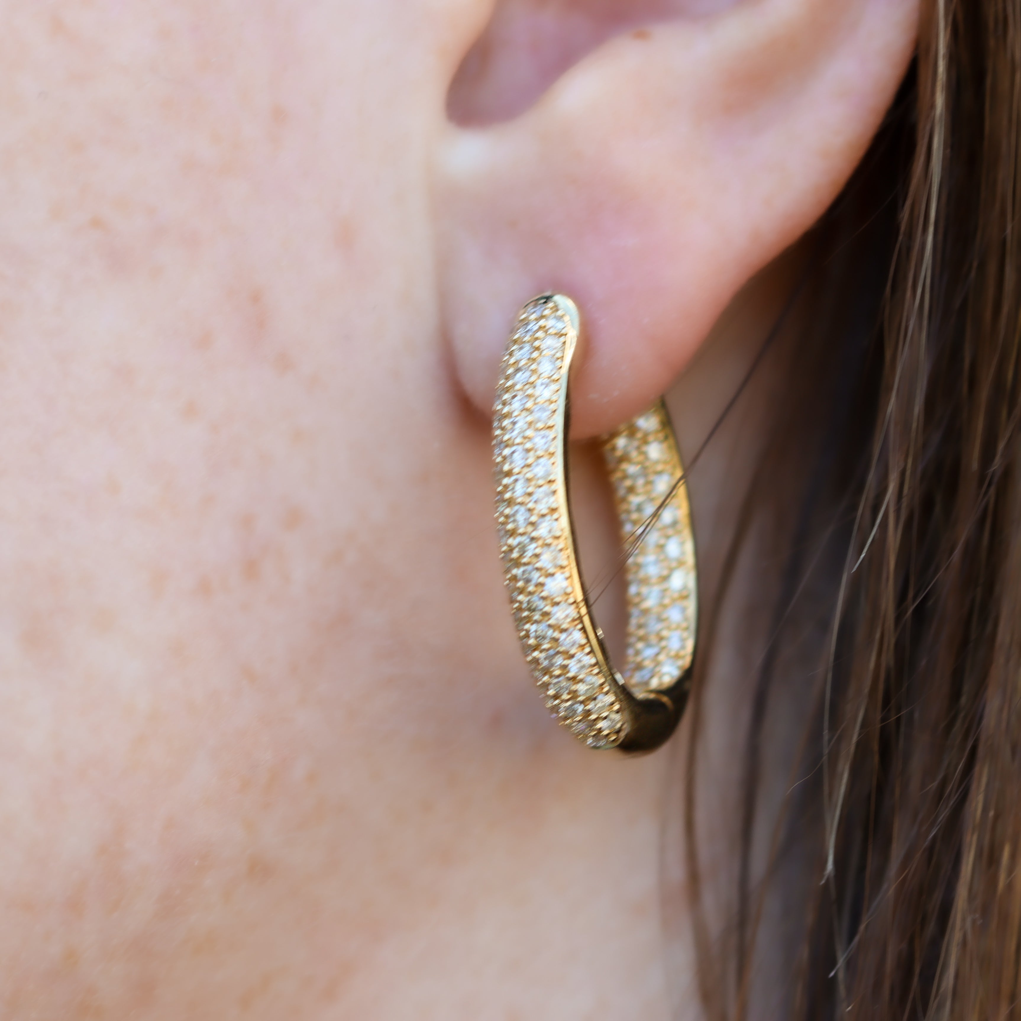 Estate Collection: 14K Yellow Gold Medium Inside Out Pave Round Diamond Hoop Earrings