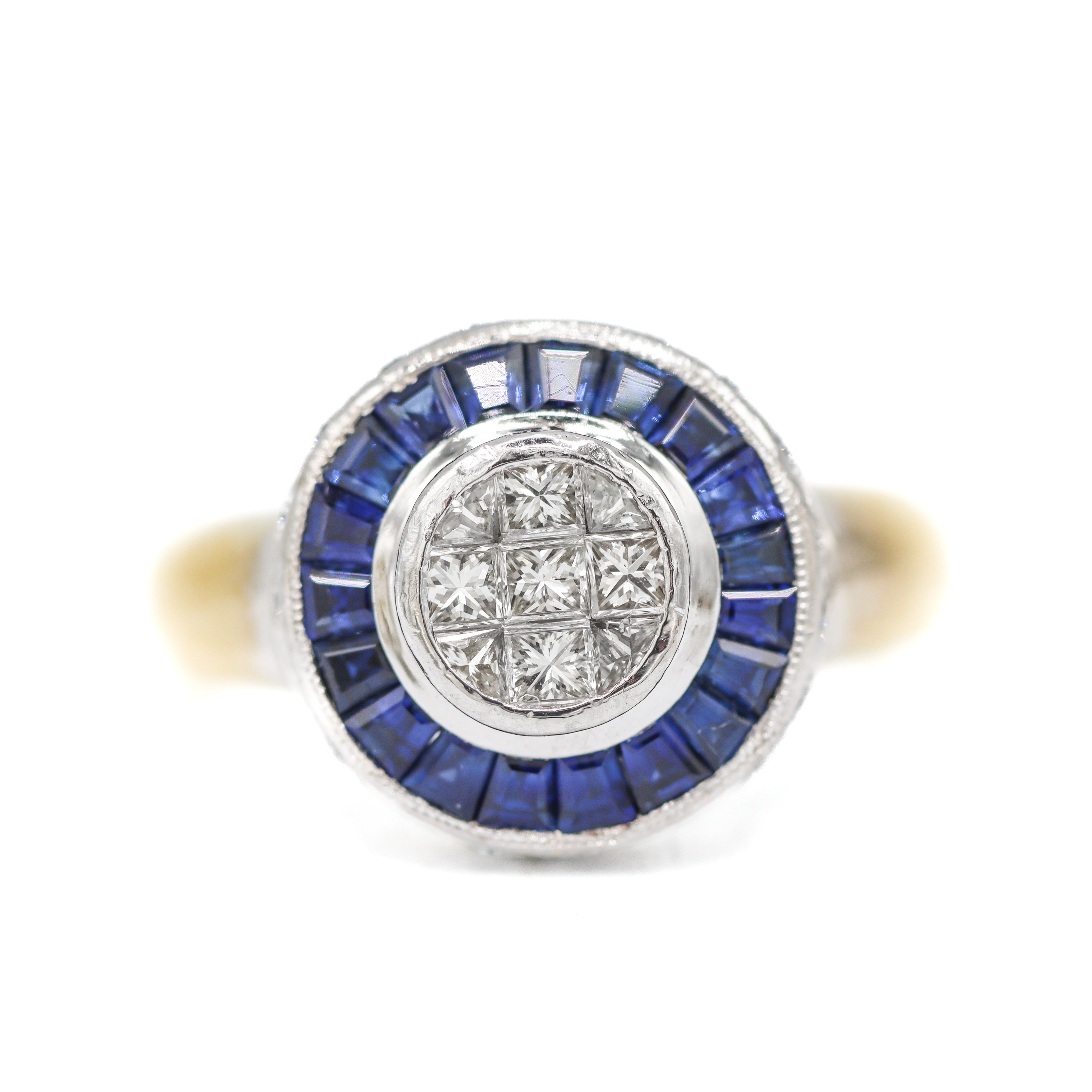 Front view  18K Yellow & White Gold Invisible-Set Diamond Cluster & Sapphire Halo Ring