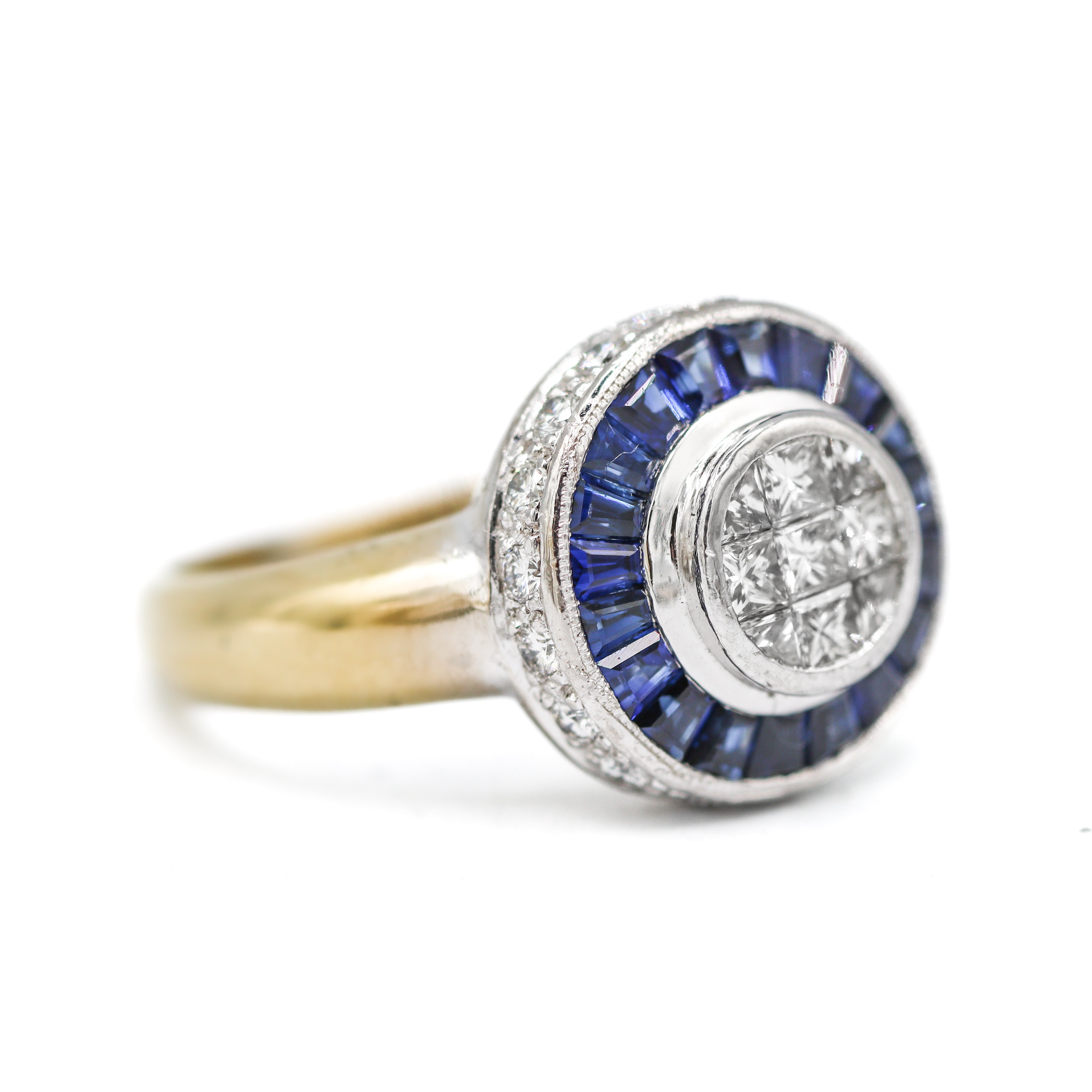 Side view 18K Yellow & White Gold Invisible-Set Diamond Cluster & Sapphire Halo Ring
