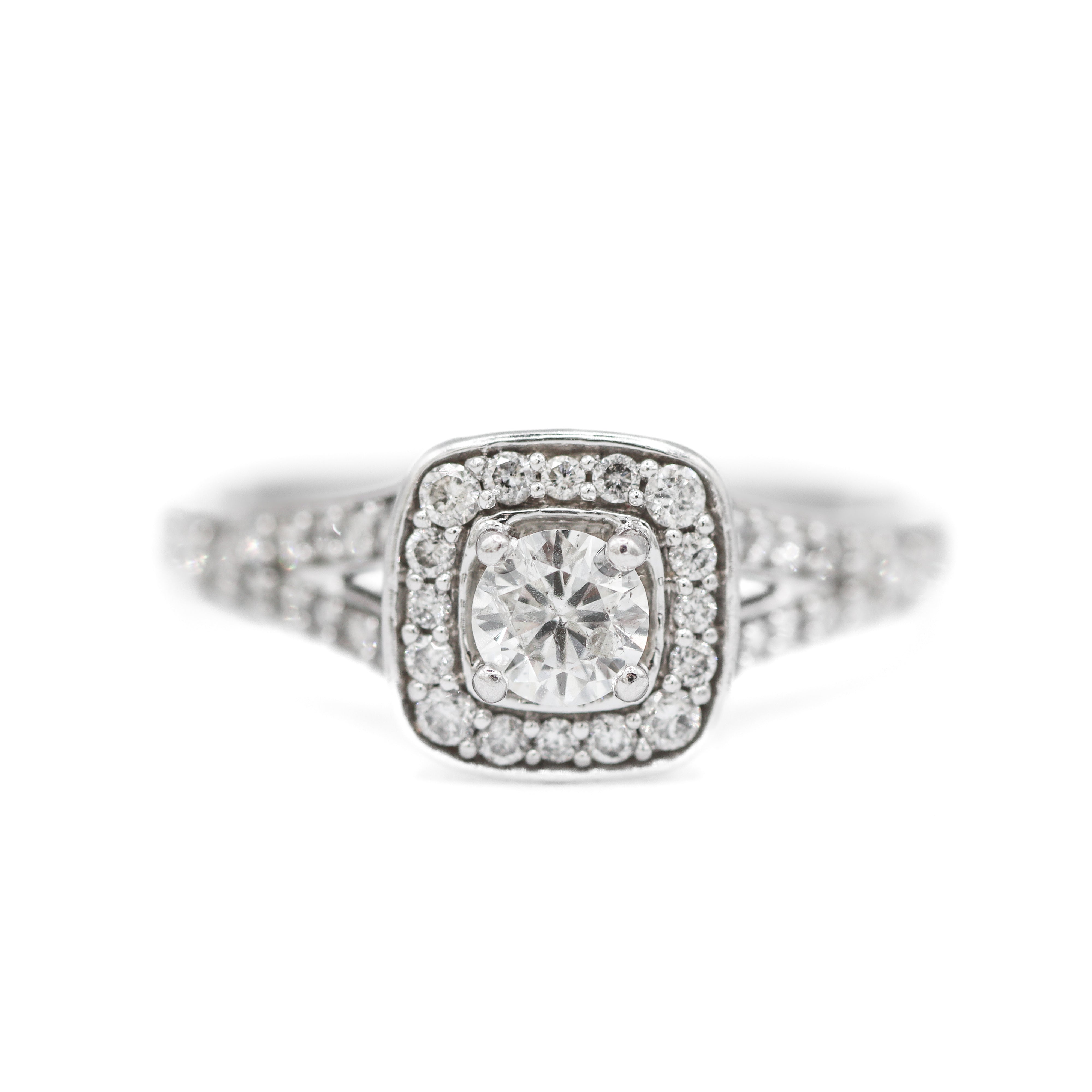 Estate Collection: 10K White Gold 0.75CTW. Diamond Cushion Halo Split-Shank Engagement Ring