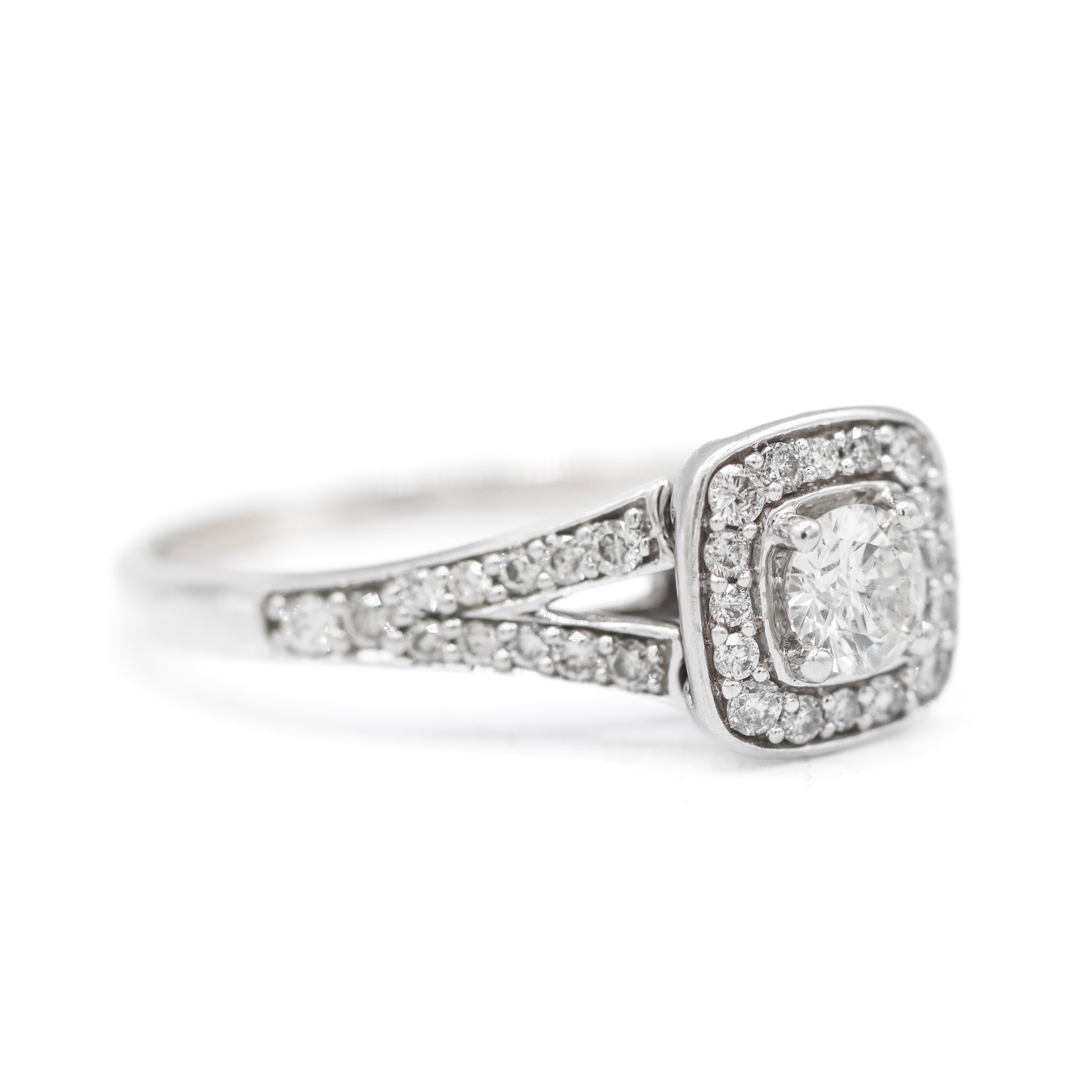Estate Collection: 10K White Gold 0.75CTW. Diamond Cushion Halo Split-Shank Engagement Ring